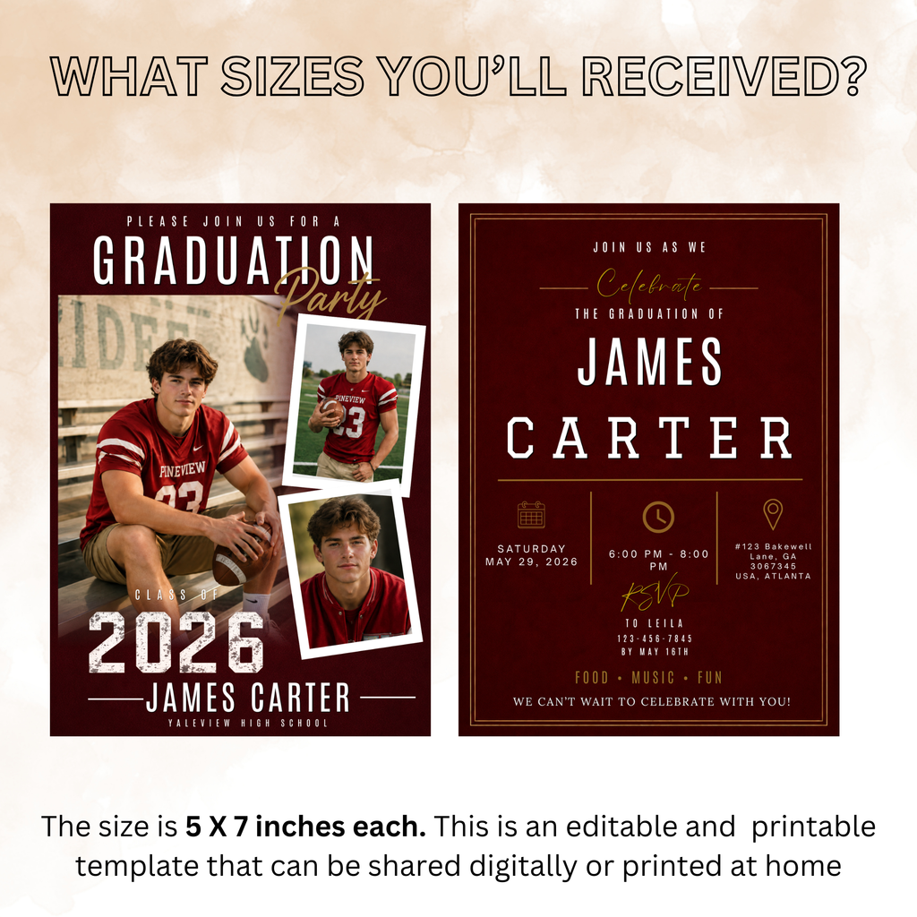 Red Graduation Invitation with Photo for Him, Sporty Boy Grad Announcement Invite, Class of 2026 Senior Grad Party, Printable Template