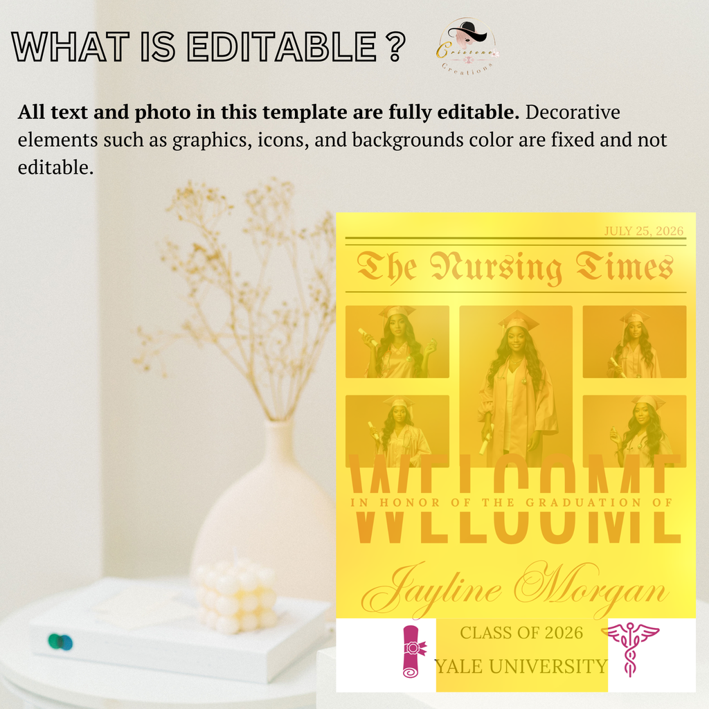 Pink Nursing Graduation Welcome Party Sign, Newspaper Style with Photo, RN BSN LPN Pinning Ceremony Sign, Nurse Poster Sign, Canva Template