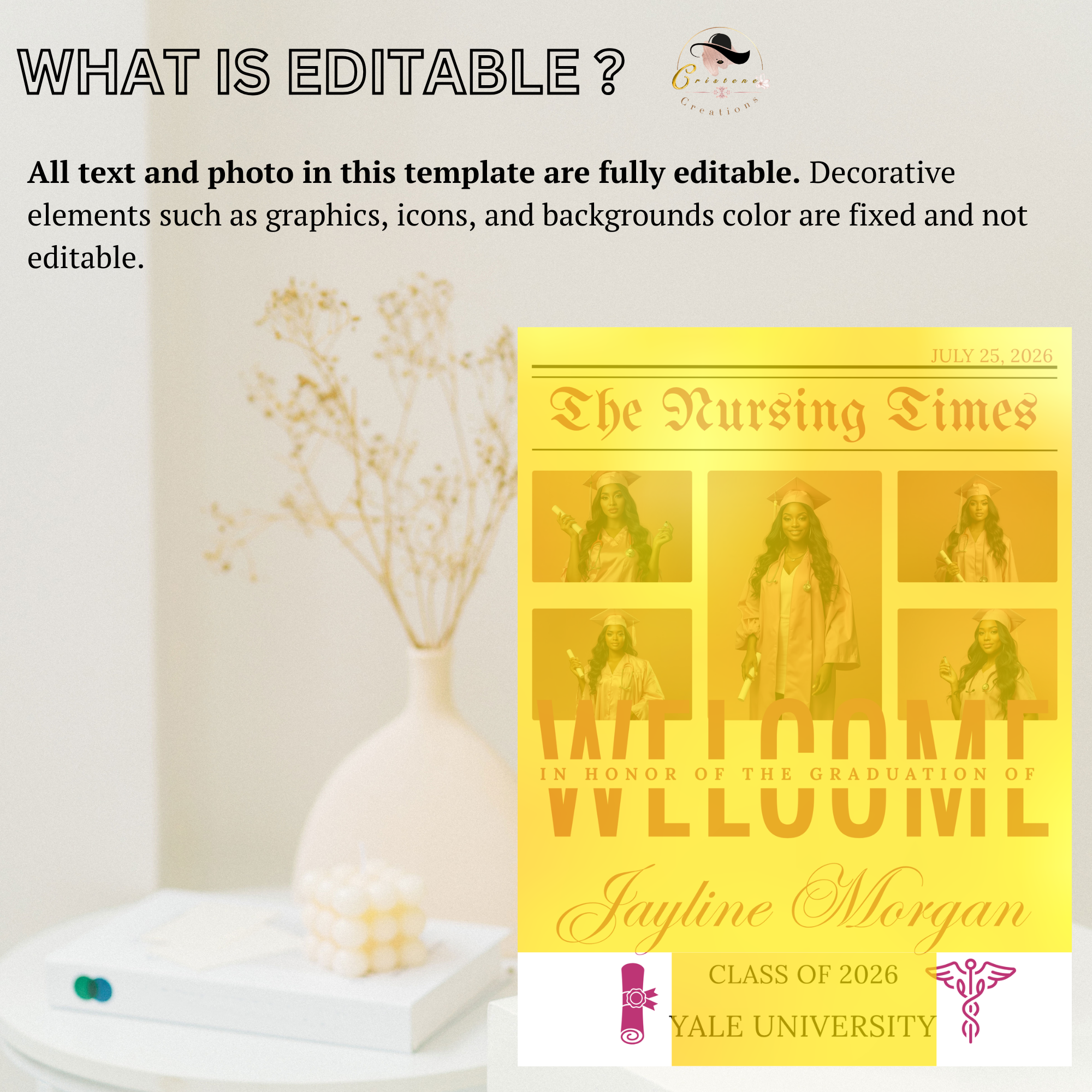 Pink Nursing Graduation Welcome Party Sign, Newspaper Style with Photo, RN BSN LPN Pinning Ceremony Sign, Nurse Poster Sign, Canva Template