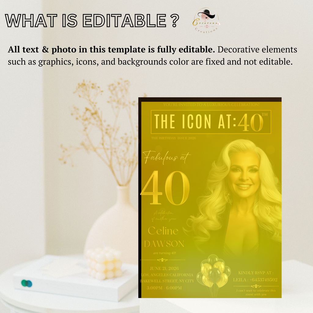 40th Birthday Invitation for Man and Woman, 40 and Fabulous, Elegant Birthday Dinner Invite, Photo Invitation Card Template, Editable Canva