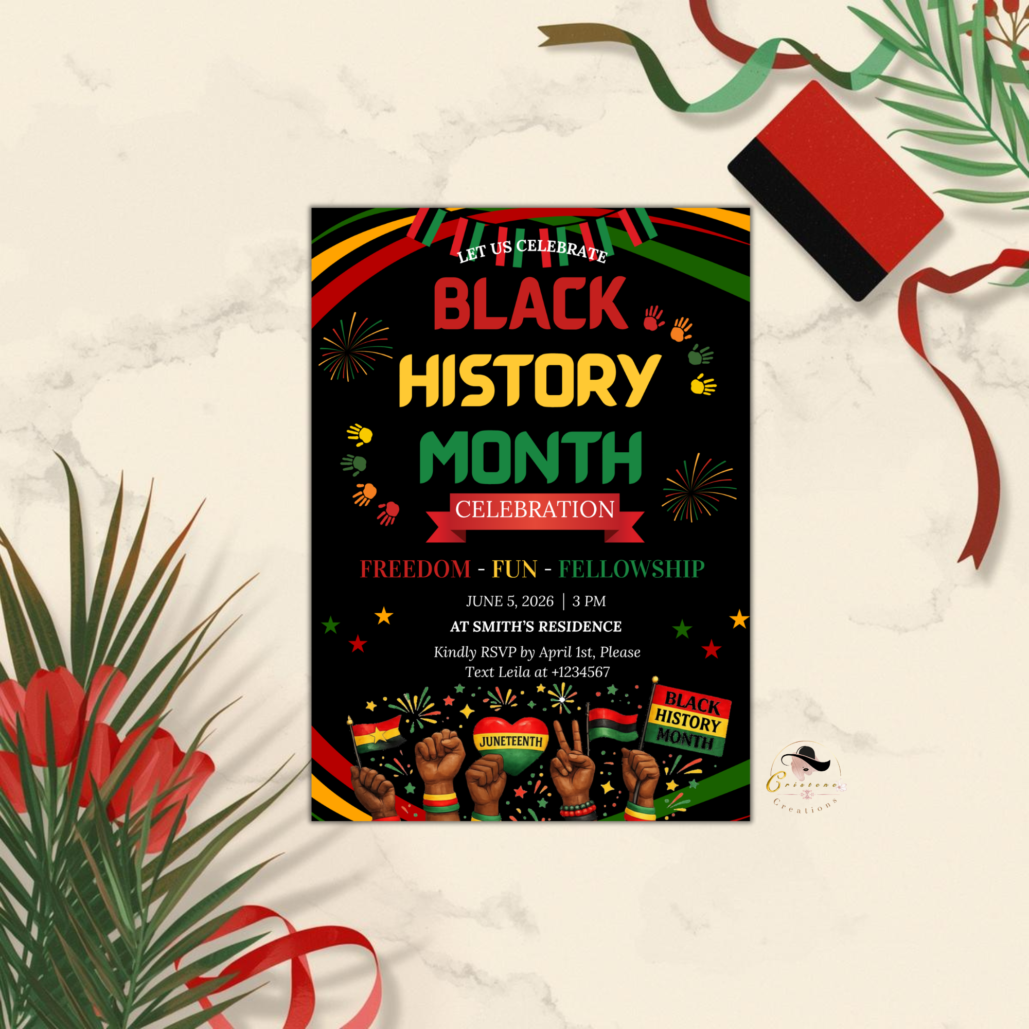 Juneteenth Invitation, Independence Day, Black Freedom Celebration Flyer Card, Black History Month Invite, Digital Printable Template
