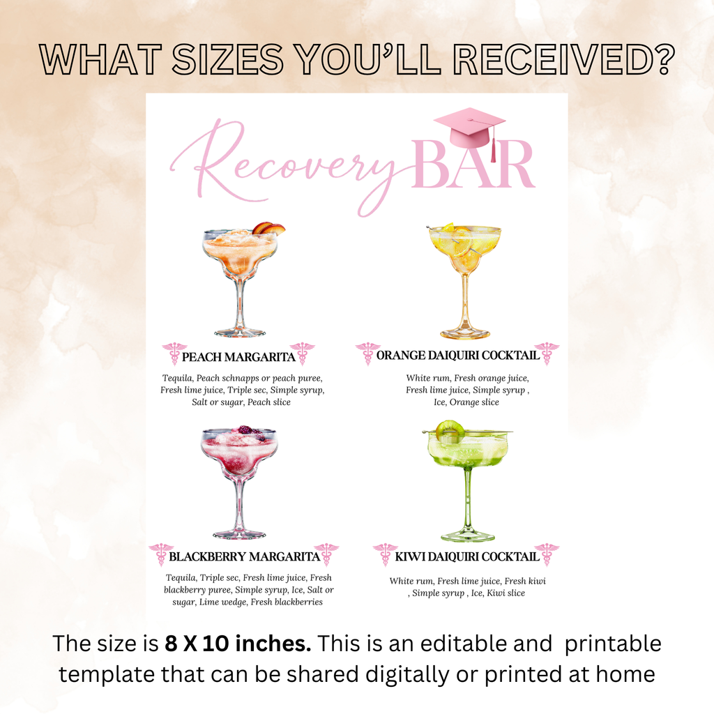 Nurse Graduation Drink Sign Template, Pink RN LPN CNA Cocktail Menu Card, Signature Drinks Bar, Hydration Station, Editable Canva Printable