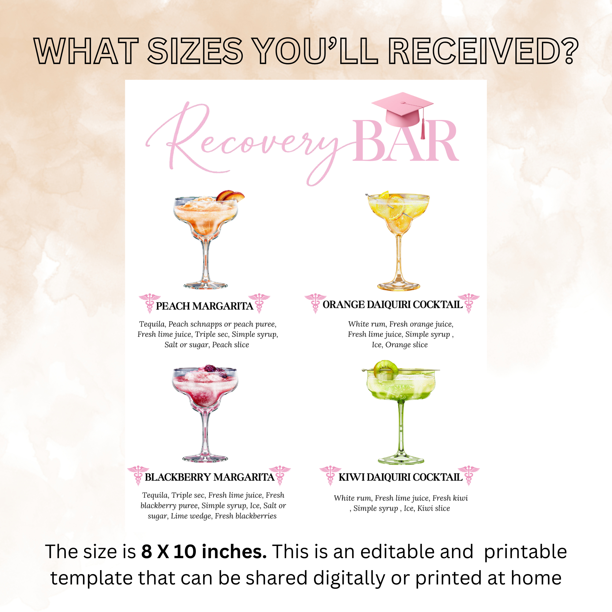 Nurse Graduation Drink Sign Template, Pink RN LPN CNA Cocktail Menu Card, Signature Drinks Bar, Hydration Station, Editable Canva Printable