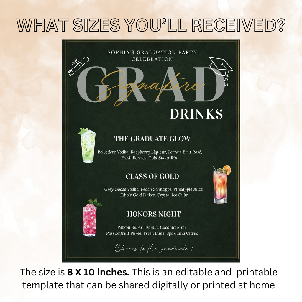 Green Graduation Drink Sign Menu, Signature Drinks Bar Menu, Senior Grad Party Soda Bar Menu Card for Him and Her, Printable Template