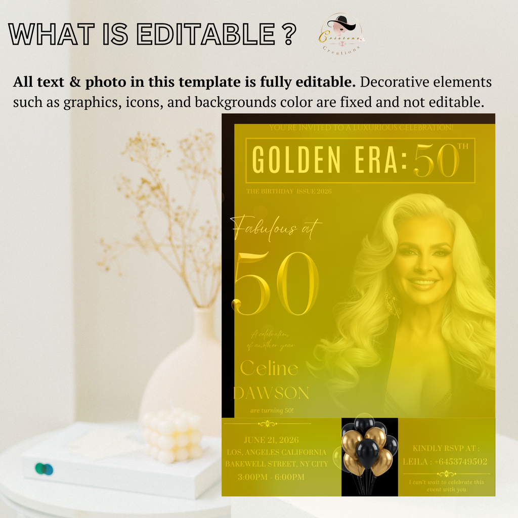 Black Gold 50th Birthday Invitation, 50 and Fabulous Party Invite, Dinner or Brunch Invitation with photo, Man Woman Magazine Cover Template