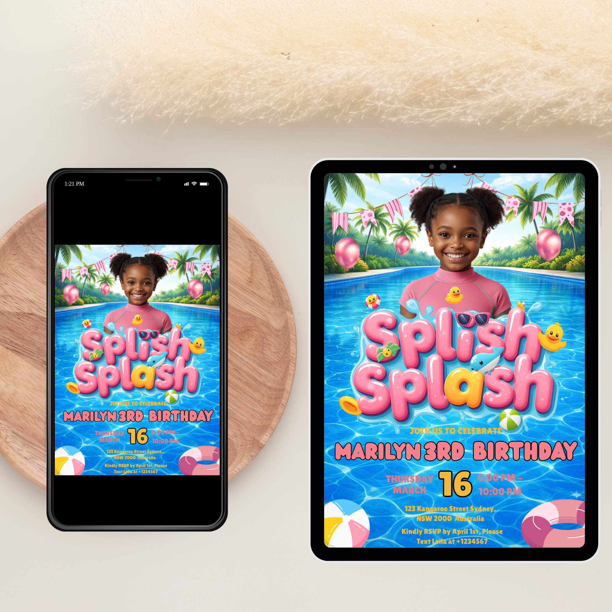 Kids Pool Party Birthday Invitation with Photo, Summer Tropical Splash Party Invite, Girl Swim Invite, Printable Editable Digital Template