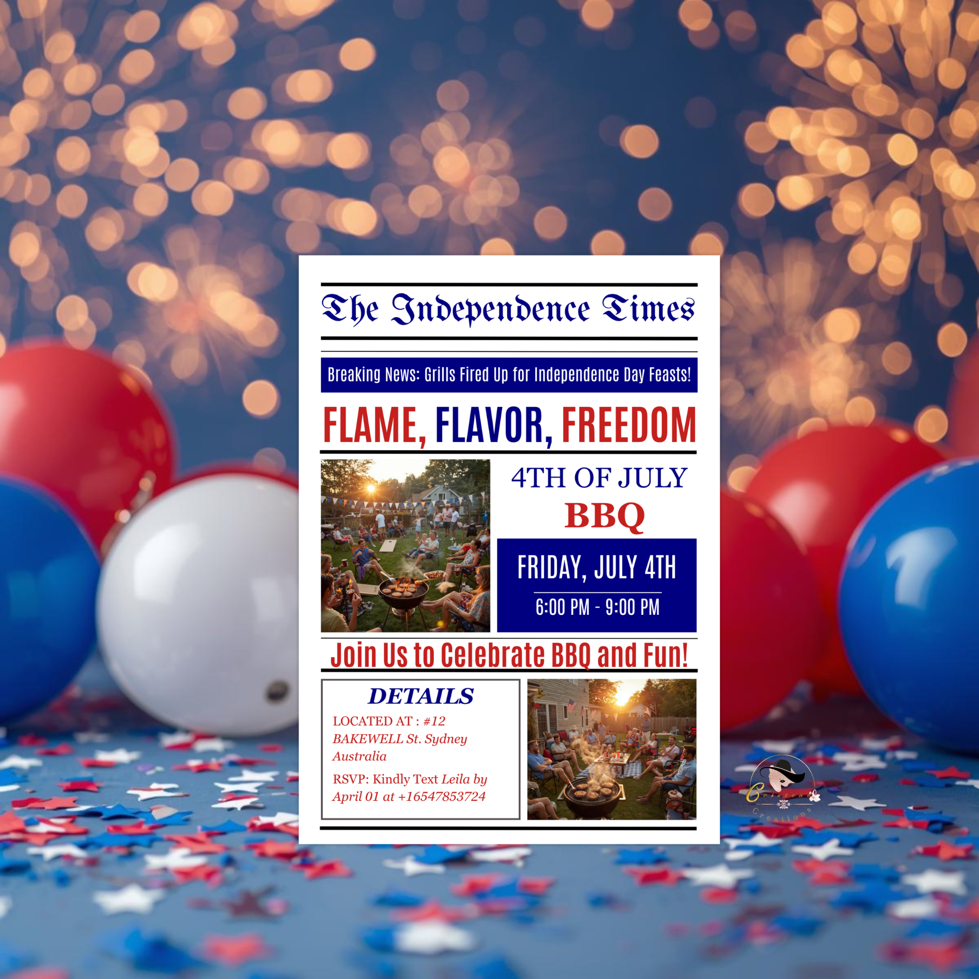 Newspaper 4th of July BBQ Party Invitation with Photo, Patriotic Cookout Invite Independence Day Fireworks Invite Printable Digital Template