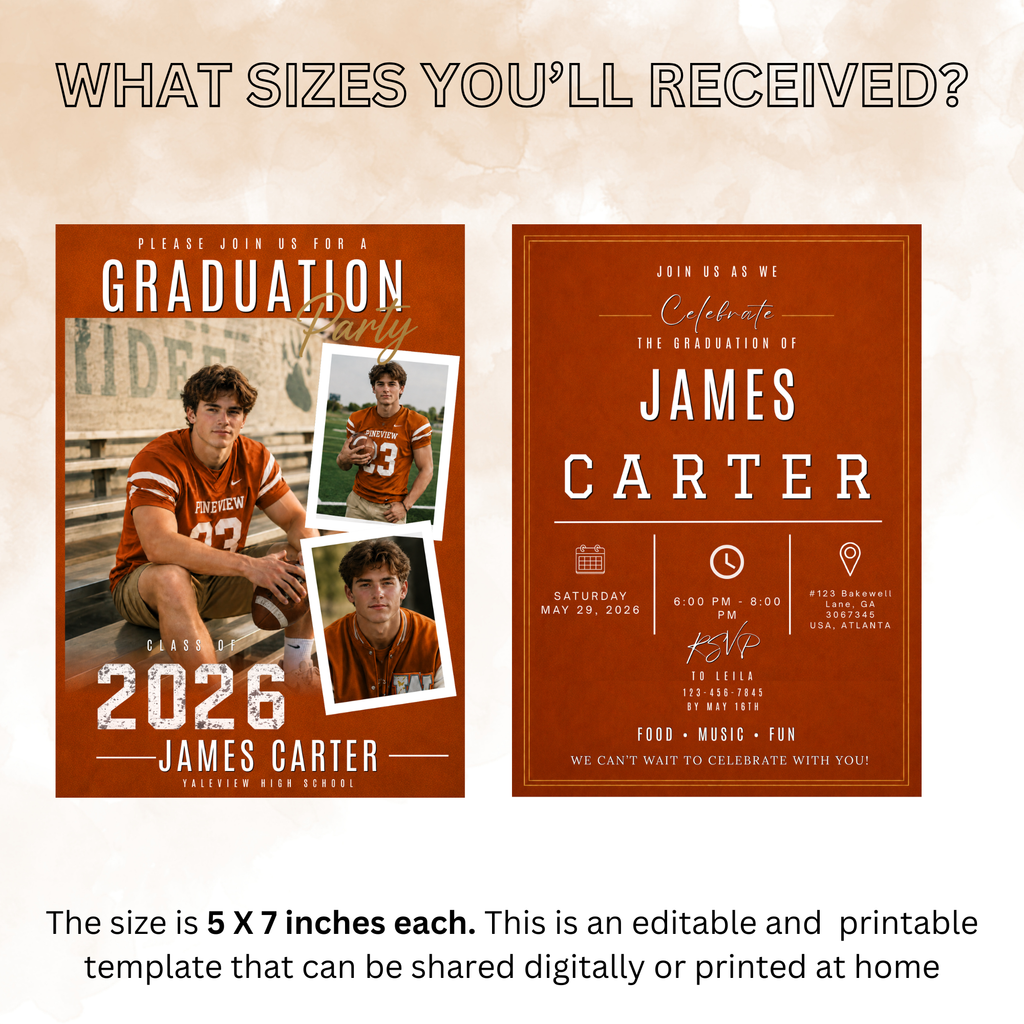 Orange Graduation Announcement Invitation with Photo for Him, Class of 2026 Senior Grad Party Invite, Boy Grad Dinner, Printable Template