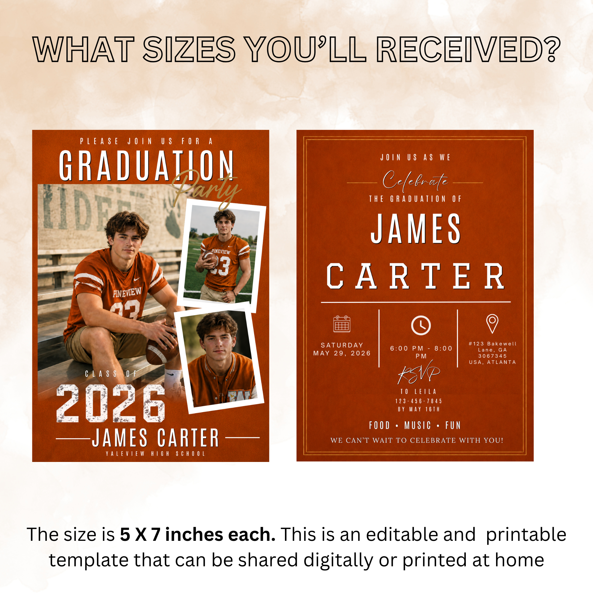 Orange Graduation Announcement Invitation with Photo for Him, Class of 2026 Senior Grad Party Invite, Boy Grad Dinner, Printable Template