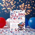 4th of July BBQ Party Invitation, Patriotic Cookout Party Invite, Independence Day Fireworks, Red White Blue Printable Digital Template