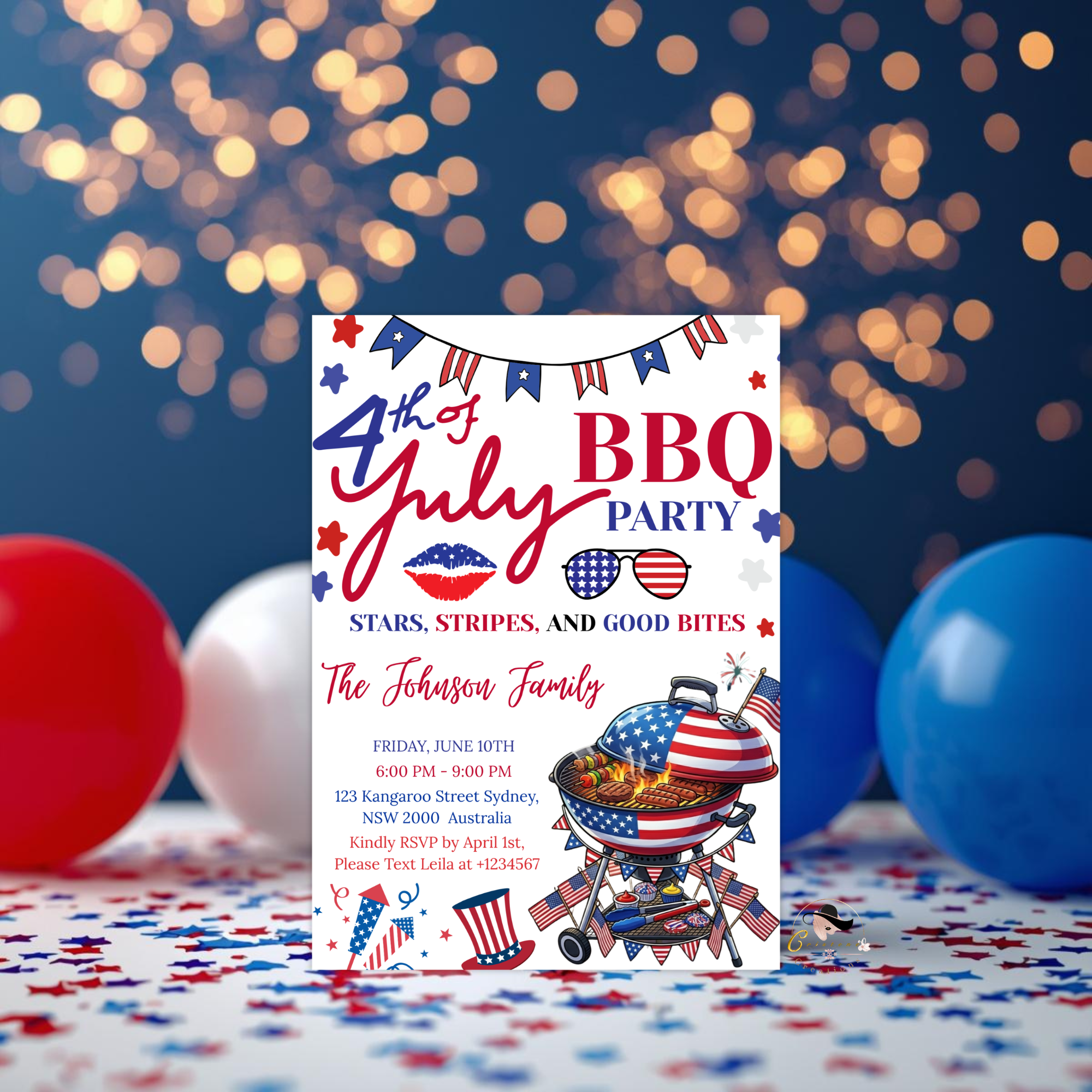 4th of July BBQ Party Invitation, Patriotic Cookout Party Invite, Independence Day Fireworks, Red White Blue Printable Digital Template