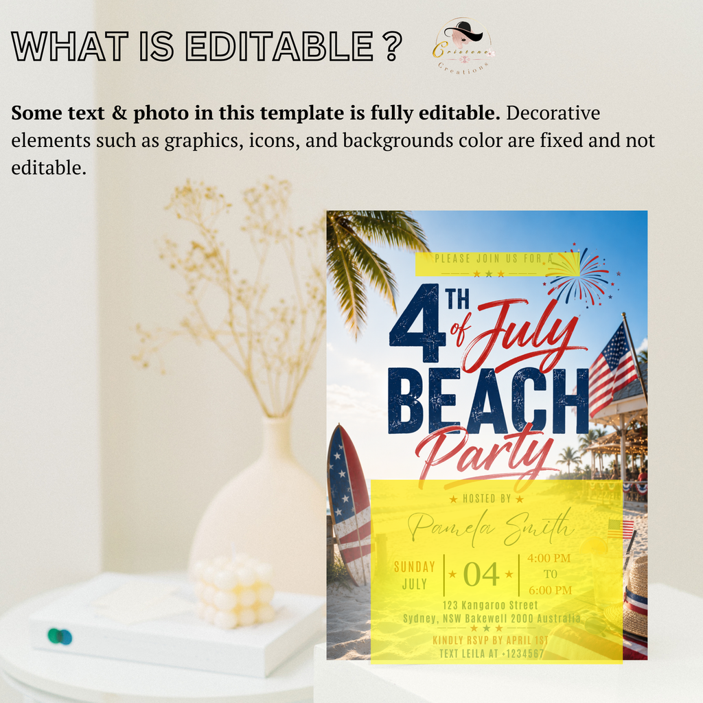 Beach Party 4th of July Invitation, USA Independence Day Summer Party Invite, Tropical Birthday Celebration Editable Digital Canva Template