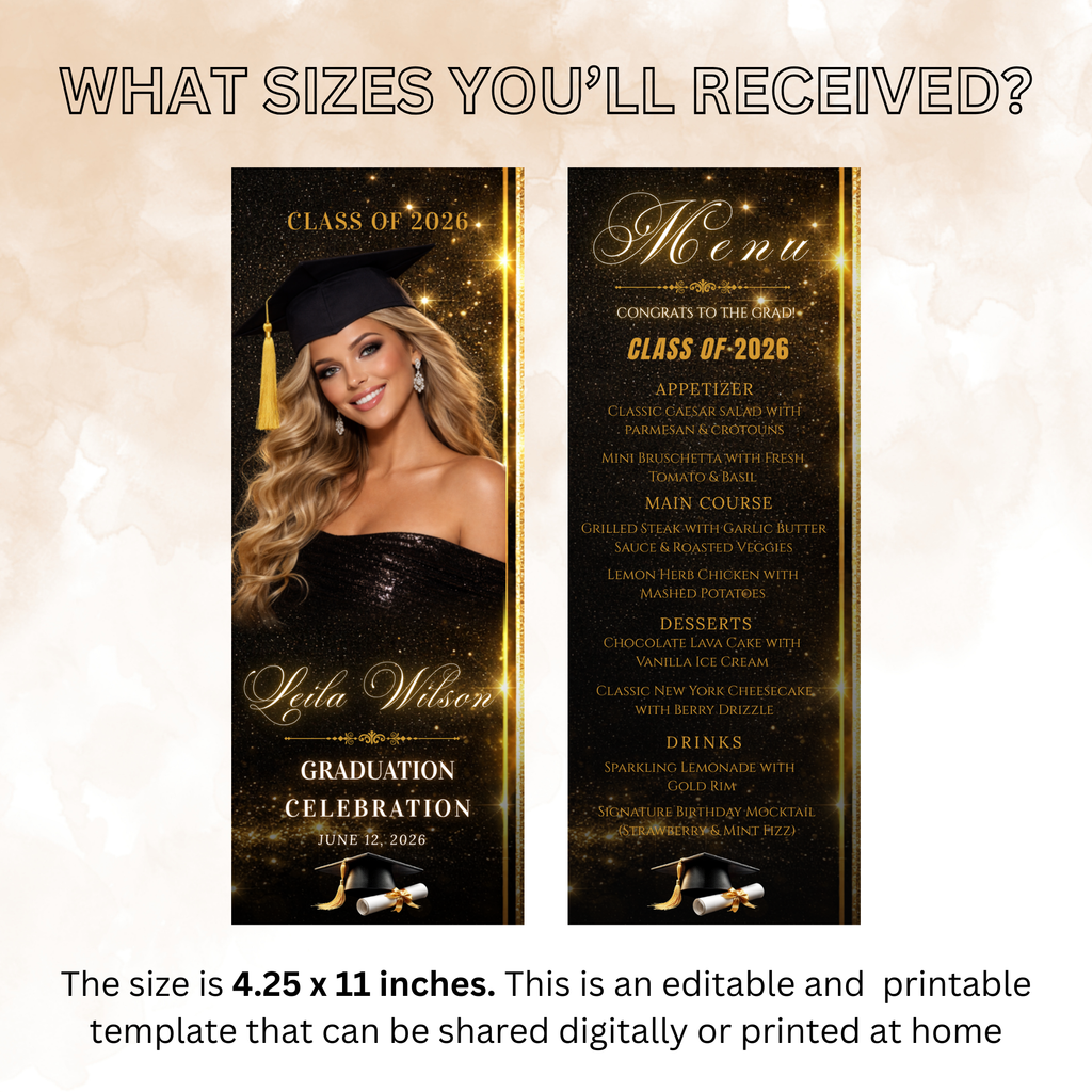 Black Gold Graduation Menu with Photo, Class of 2026 Menu Card, Elegant Grad Dinner Menu Template, Boy Girl Menu, Editable Canva Printable