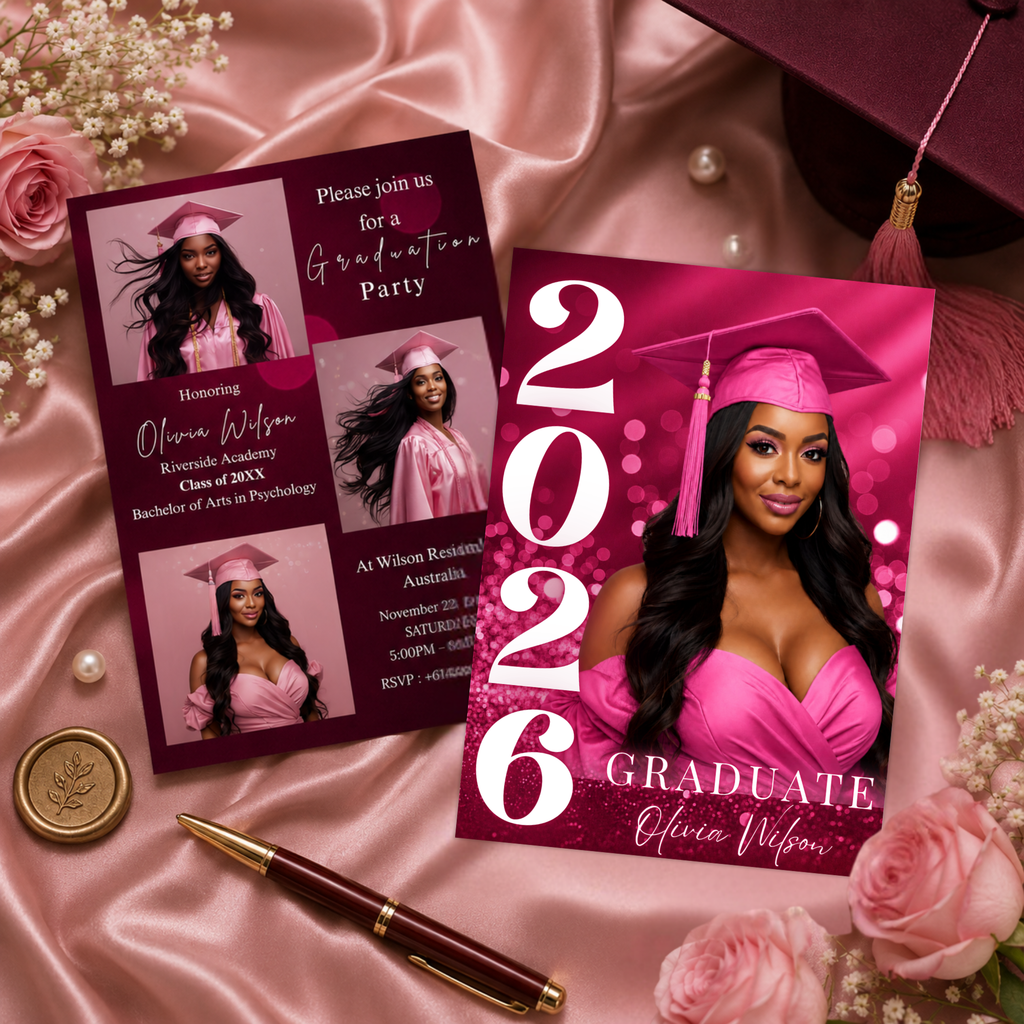 Pink Graduation Invitation with Photo for Her, Class of 2026 Grad Announcement Invite, College High School Printable Editable Canva Template