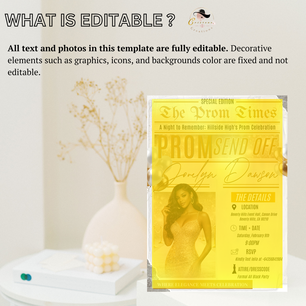 Newspaper Prom Send Off Party Invitation, White Gold Prom Queen with photo invite, Girl Prom Night Flyer Card, Digital Printable Template