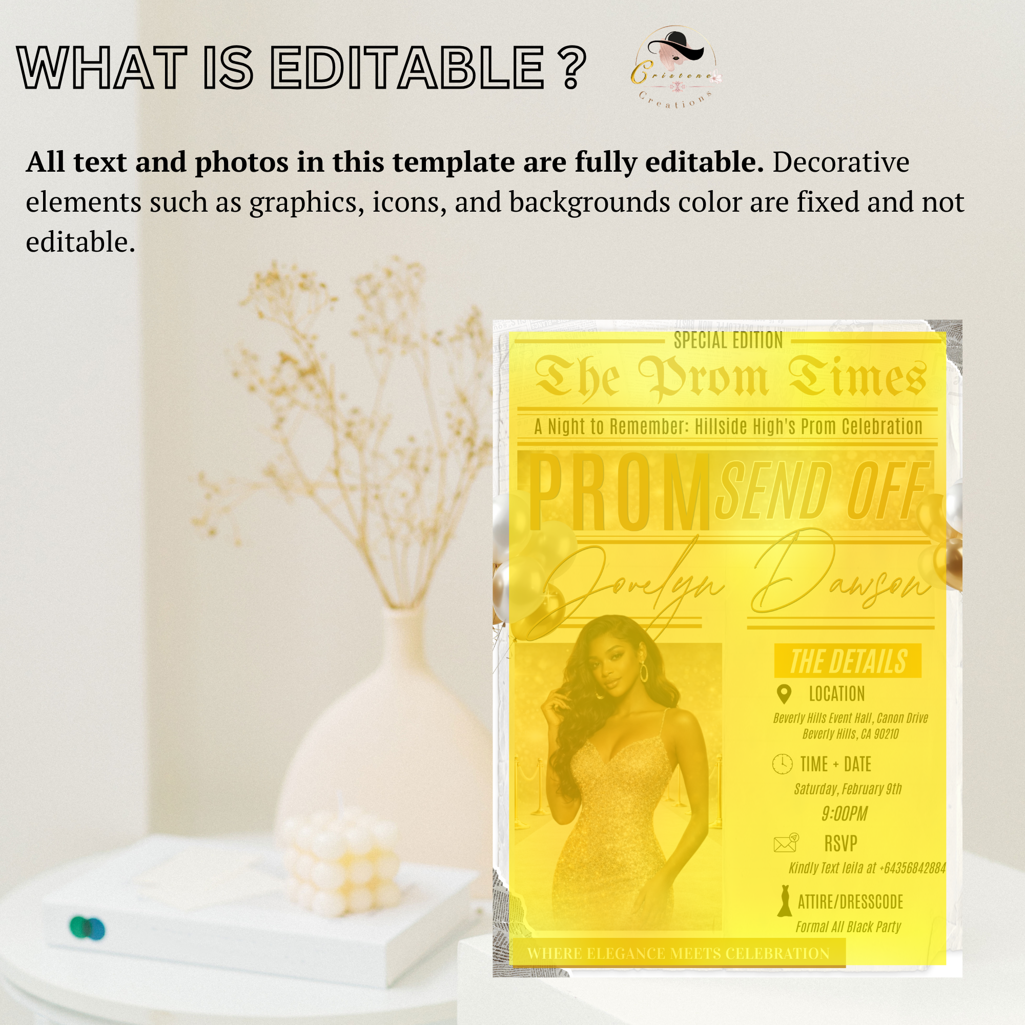 Newspaper Prom Send Off Party Invitation, White Gold Prom Queen with photo invite, Girl Prom Night Flyer Card, Digital Printable Template
