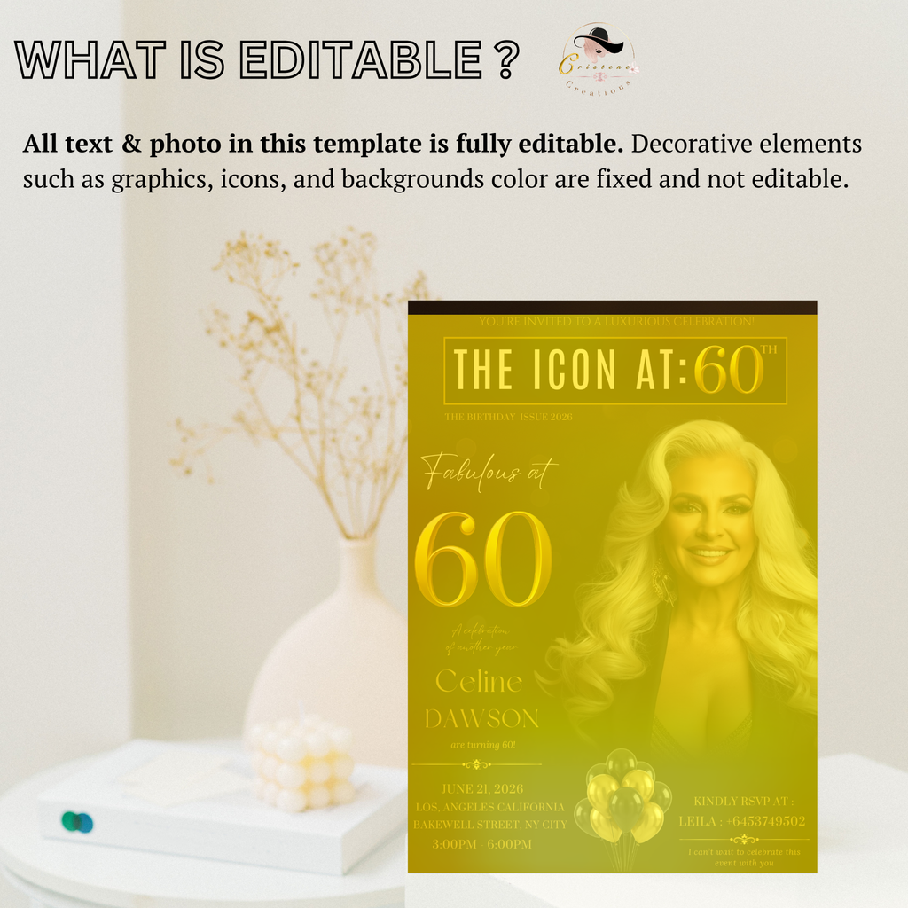 Black Gold 60th Birthday Invitation, 60 and Fabulous Invite, Elegant Party Dinner Brunch, Sixtieth Birthday Card, Photo Canva Template
