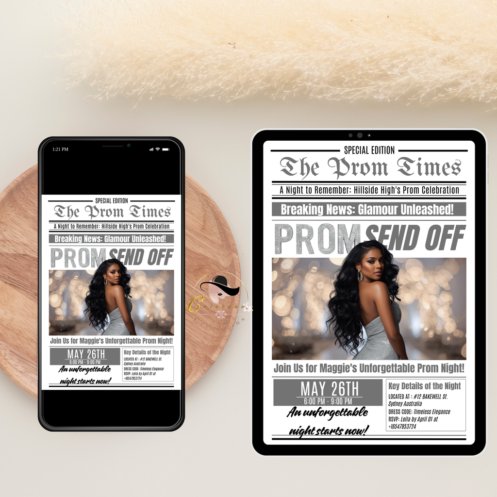 Newspaper Prom Send Off Party Invitation, White Silver Prom Queen with photo invite, Teen Prom Night Flyer Card, Digital Printable Template