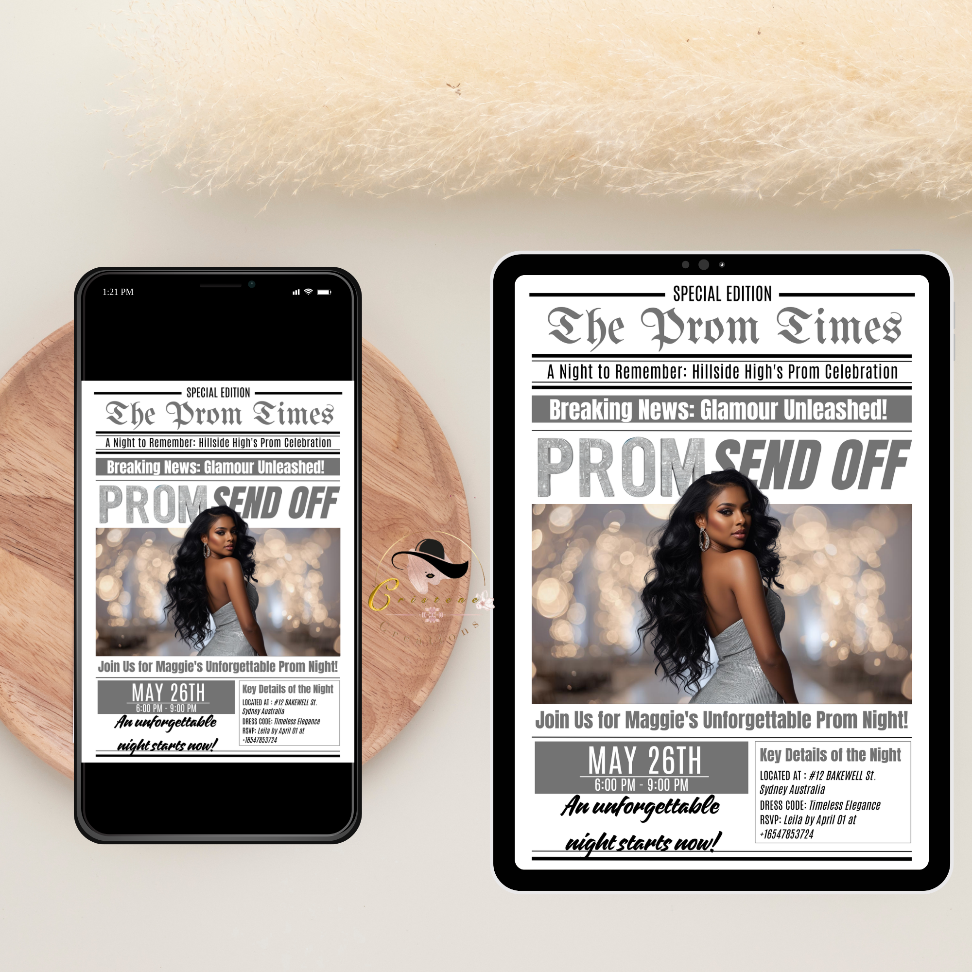 Newspaper Prom Send Off Party Invitation, White Silver Prom Queen with photo invite, Teen Prom Night Flyer Card, Digital Printable Template