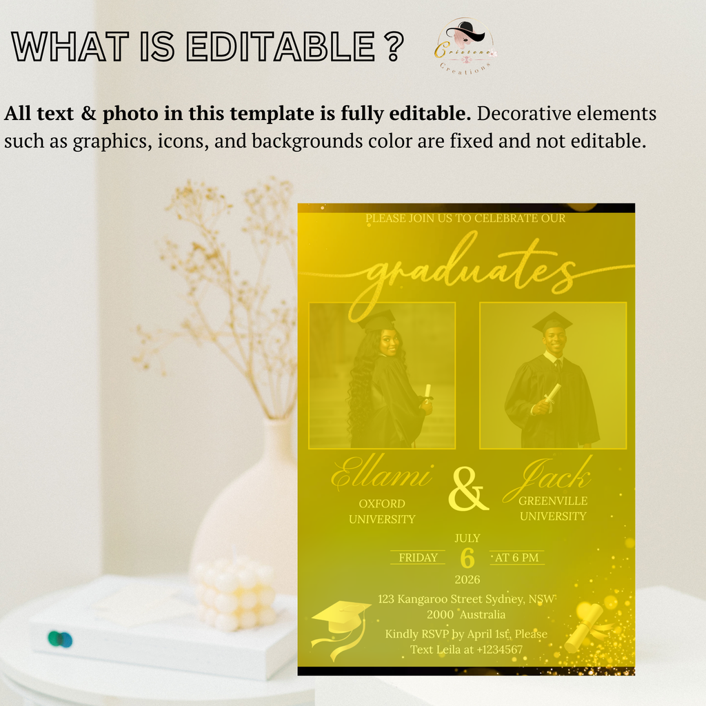Twin Graduation Invitation with Photo, Double Senior Grad Party Invite For Him and Her Class of 2026 Graduates Black Gold Printable Template