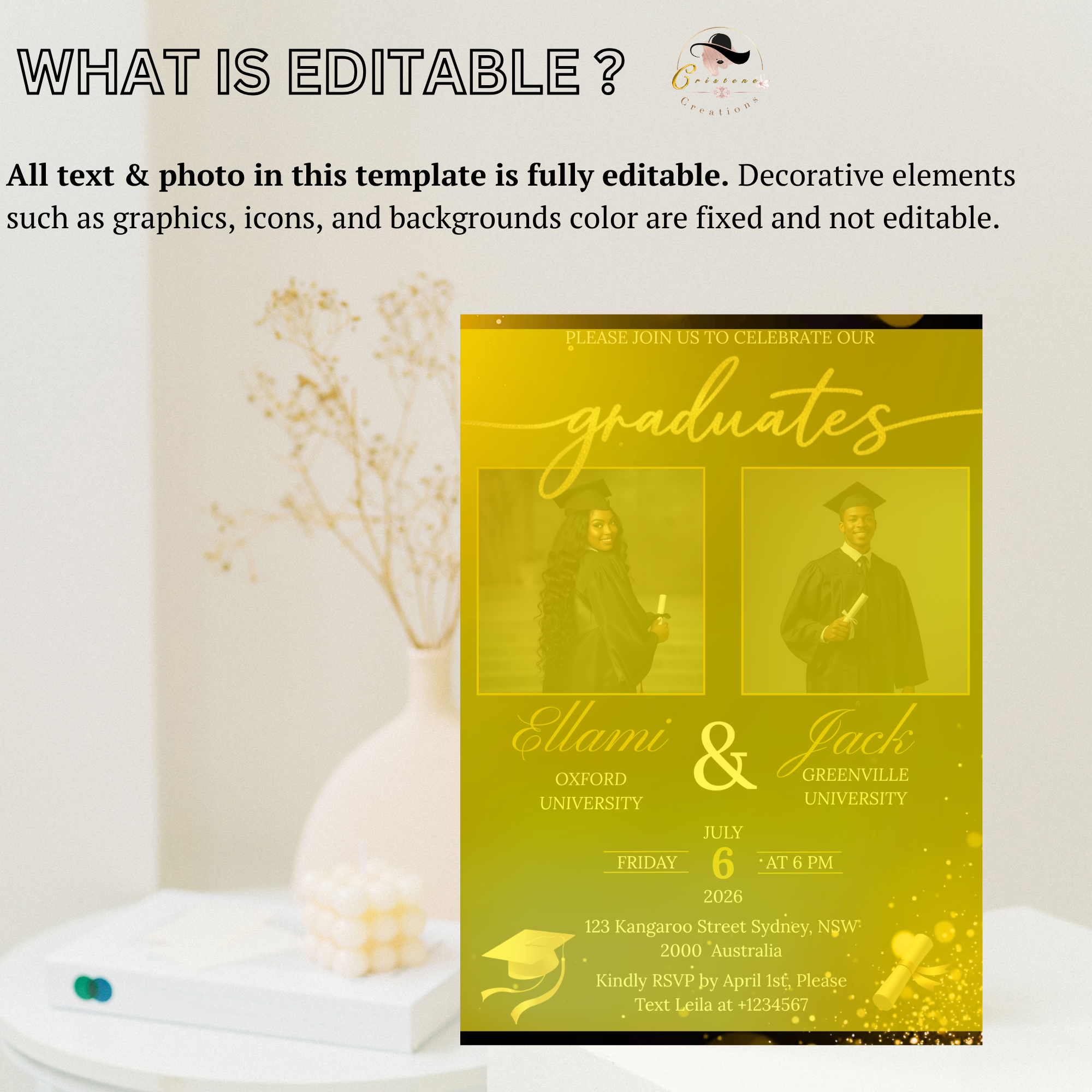 Twin Graduation Invitation with Photo, Double Senior Grad Party Invite For Him and Her Class of 2026 Graduates Black Gold Printable Template
