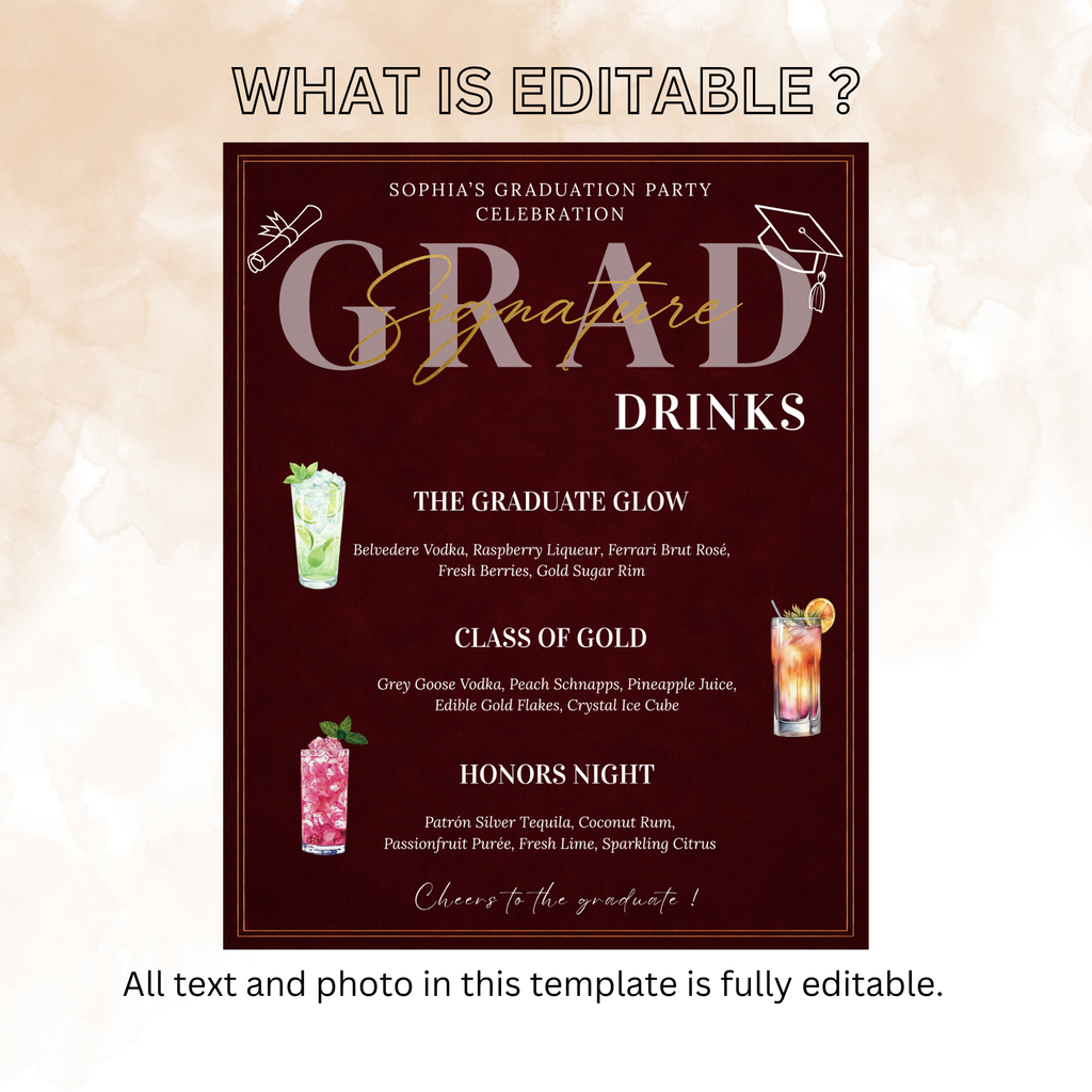 Graduation Signature Drinks Menu, Senior Grad Drink Sign Template for High School College Soda Bar Menu, Dark Red Printable Template