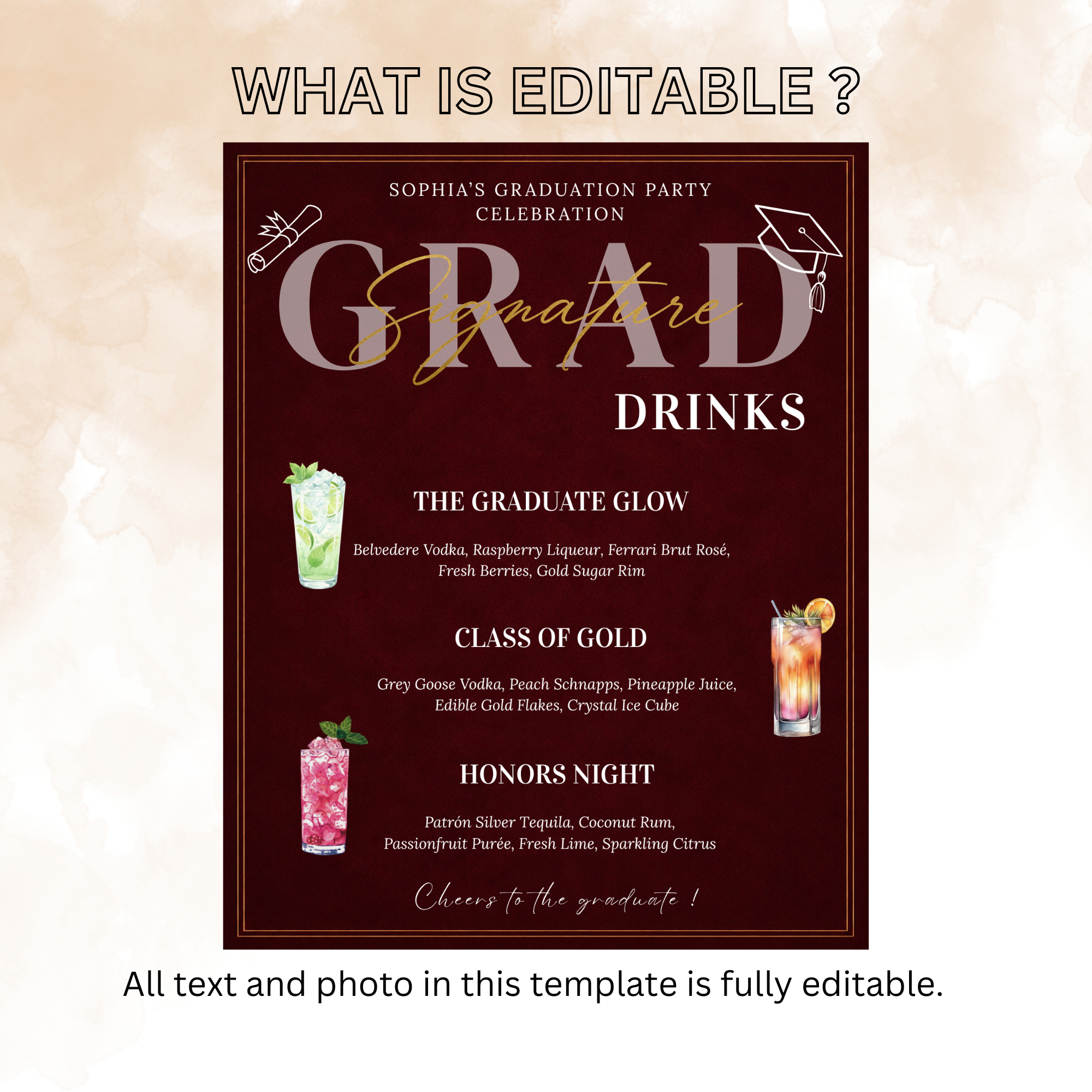Graduation Signature Drinks Menu, Senior Grad Drink Sign Template for High School College Soda Bar Menu, Dark Red Printable Template