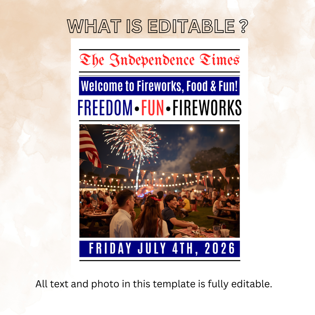 4th of July Welcome Sign with Photo, Newspaper Style Patriotic Party Sign, July 4th Poster Sign, Independence Day Sign, Printable Template