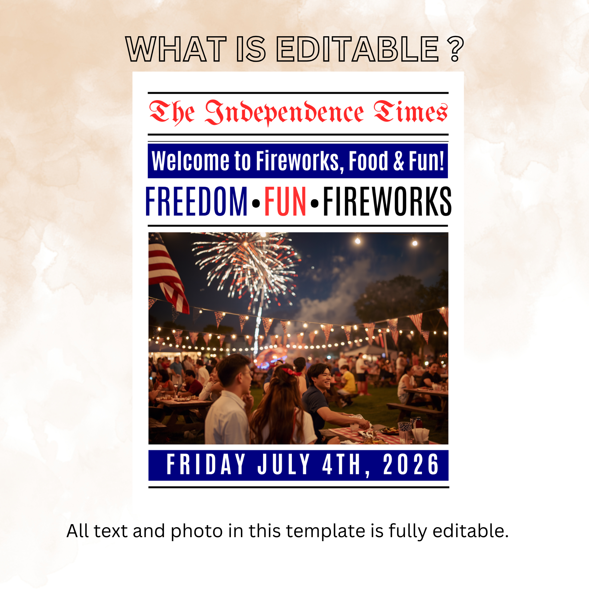 4th of July Welcome Sign with Photo, Newspaper Style Patriotic Party Sign, July 4th Poster Sign, Independence Day Sign, Printable Template
