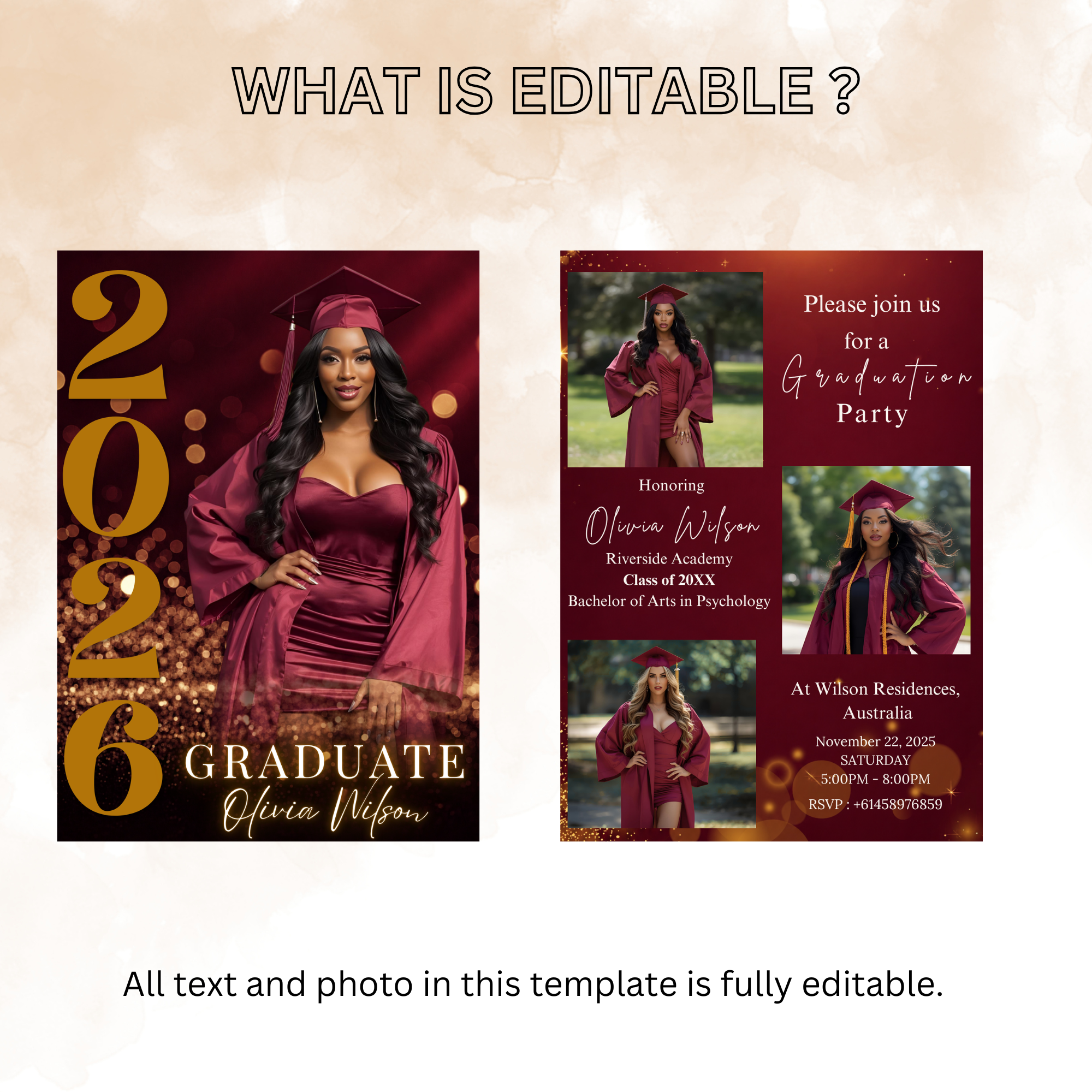 Graduation Invitation with Photo, College High School Senior Grad Party Announcement, Burgundy Gold Printable Editable Digital Template