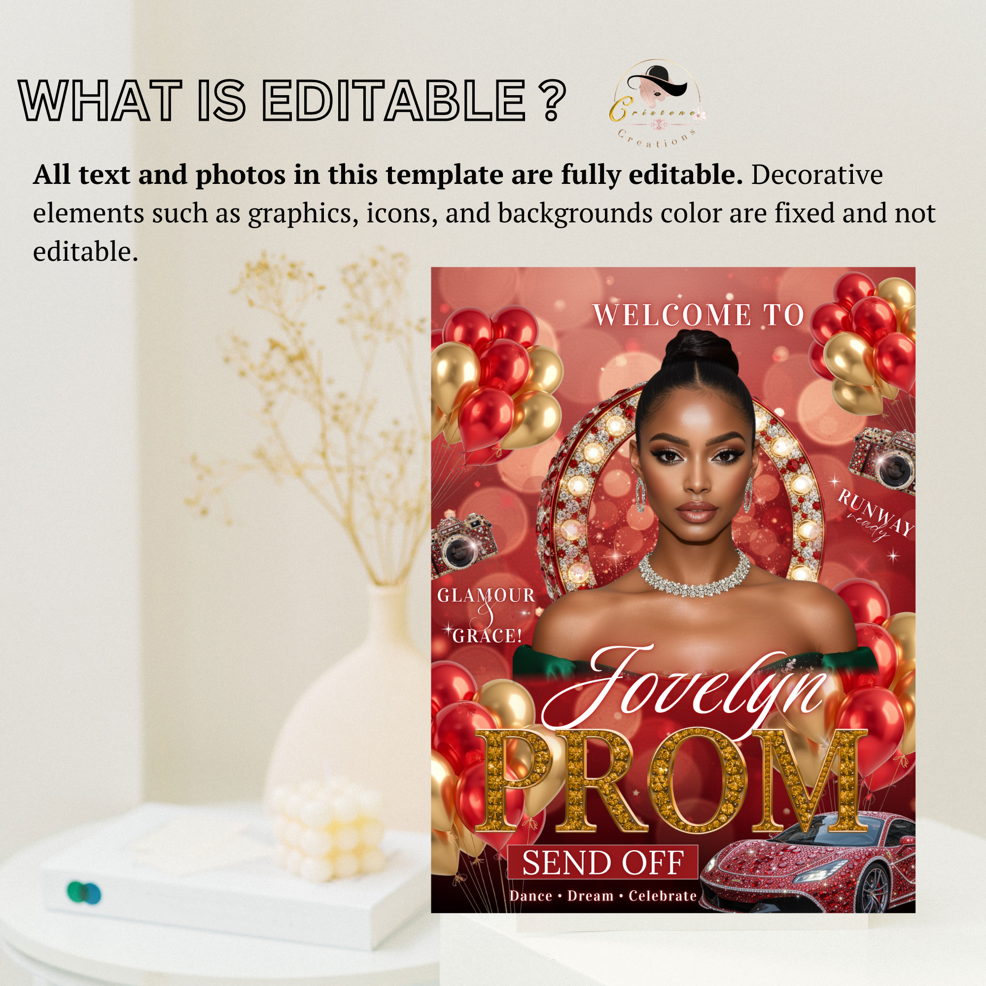 Red Gold Prom Send Off Welcome Party Sign, Prom Queen Poster Sign with photo, Entrance Party Board Sign, Glam Hollywood Printable Template