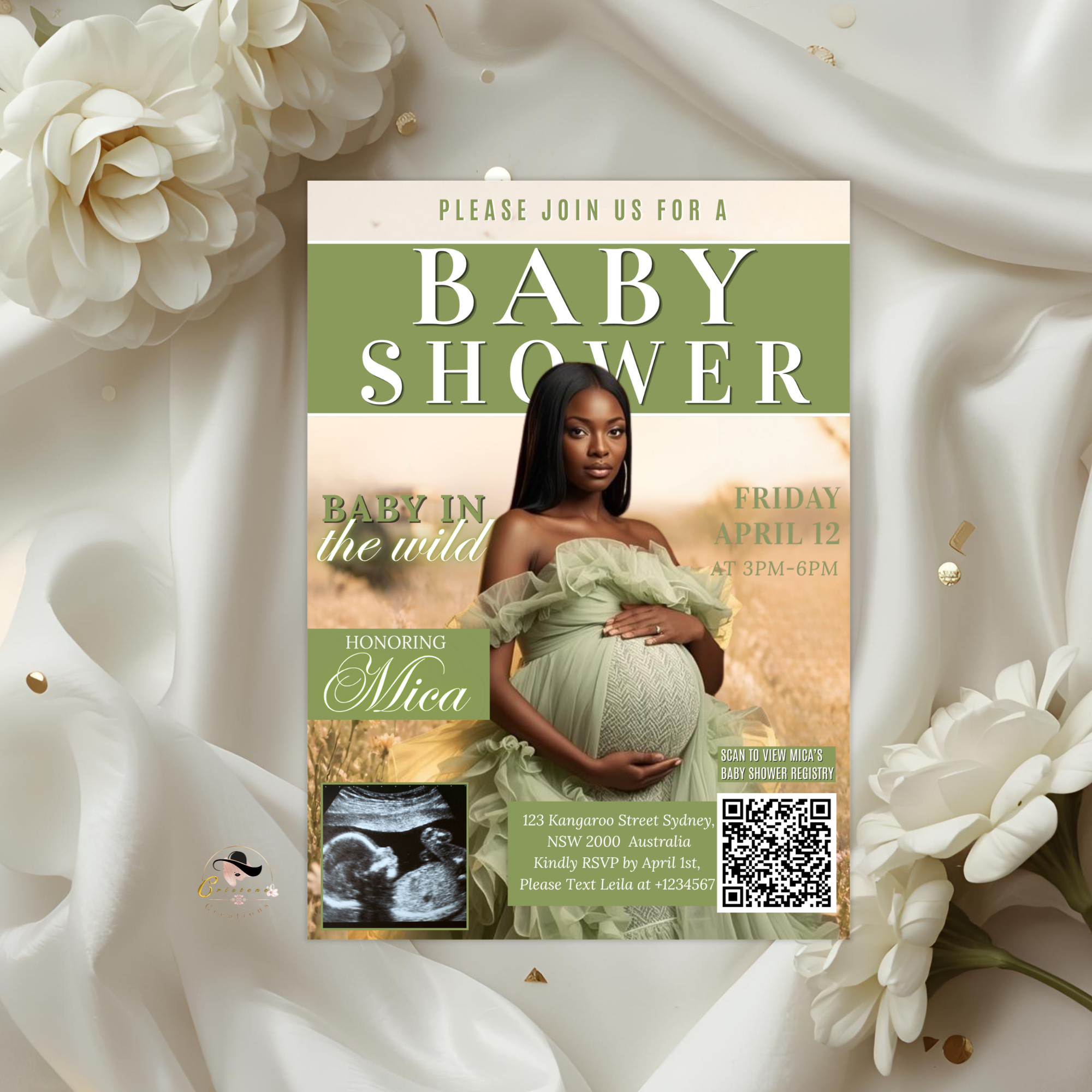 Safari Baby Shower Invitation with Photo, Jungle Zoo Baby Girl Boy Shower Invite, Green Brown Printable Editable Digital Canva Template