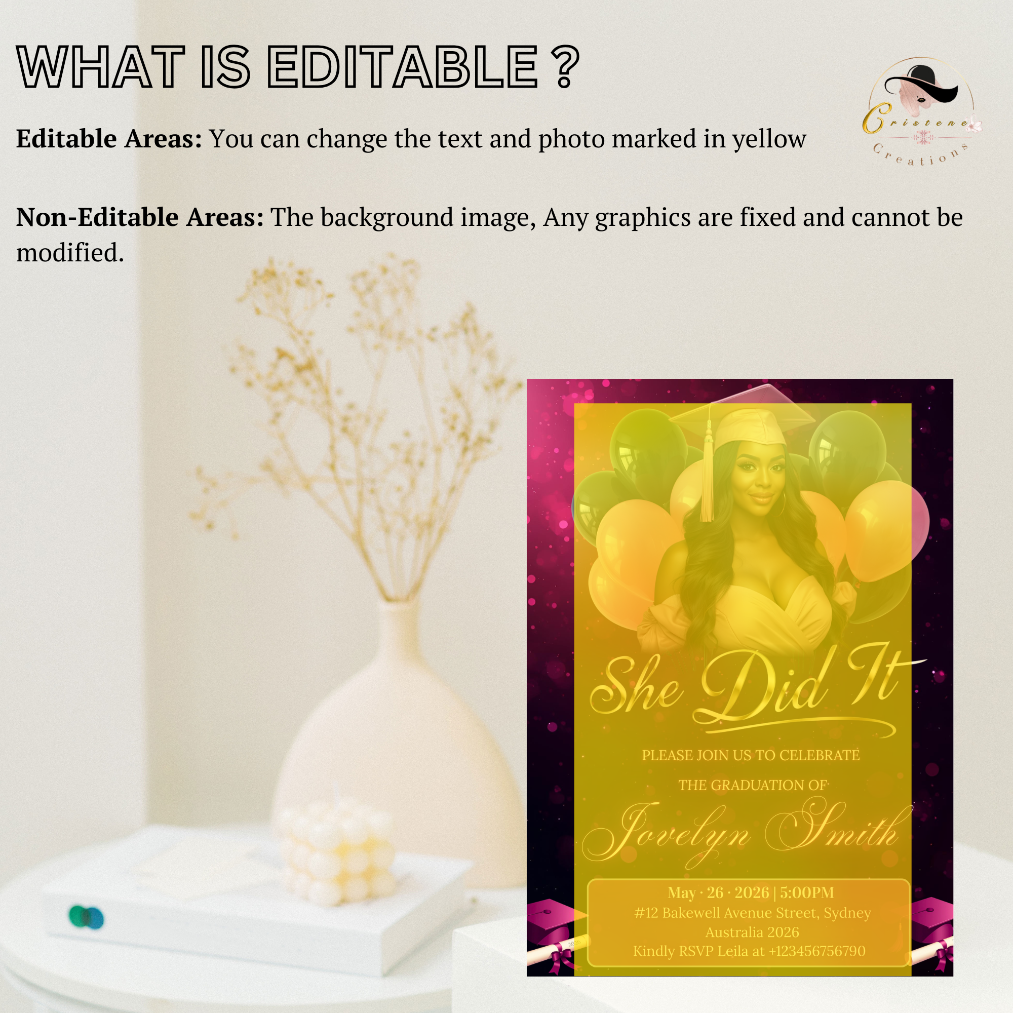 Digital Graduation Announcement Invitation, She Did It invite, Senior Grad Party with photo invite, Elegant Pink Black Printable Template