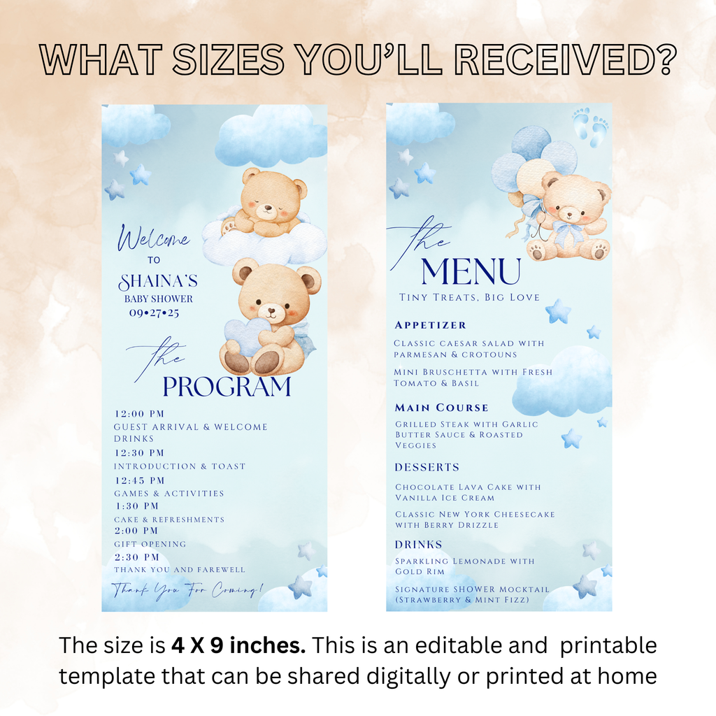 Cloud 9 Baby Shower Menu and Program Template, Blue Baby Shower Teddy Bear Theme Order of Events, Menu Card Editable Digital Printable Canva