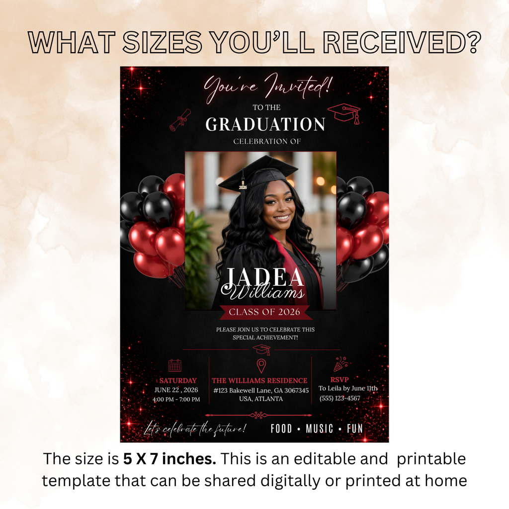 Graduation Invitation with Photo, Class of 2026 Grad Party Invite for Him and Her, High School College Red Editable Canva Printable Template