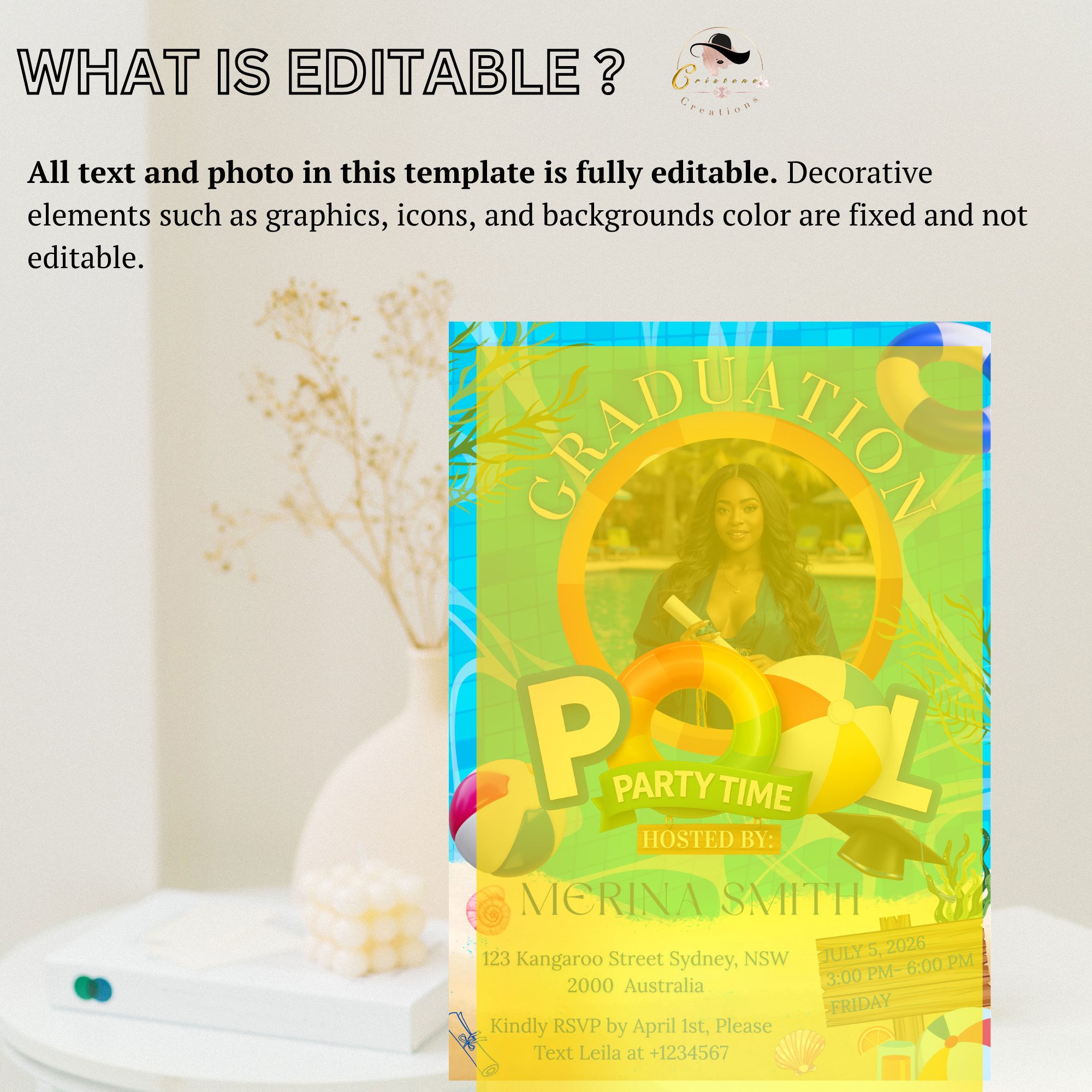 Graduation Pool Party Invitation with Photo, Senior High School College Grad Party Invite for Him and Her Class 2026 Editable Canva Template