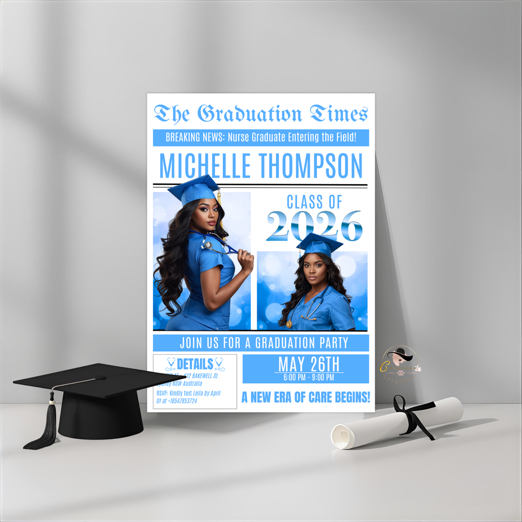 Newspaper Nurse Graduation Invitation, 2026 RN Pinning Ceremony with photo invite, LPN Nursing Graduates, Light blue BSN Flyer Template