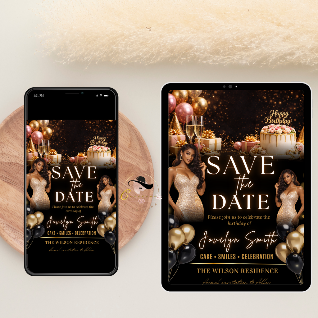 Black Gold Save the Date Invitation, Birthday Party Save Date with Photo, Elegant Dinner Event Invite, Printable Canva Digital Template