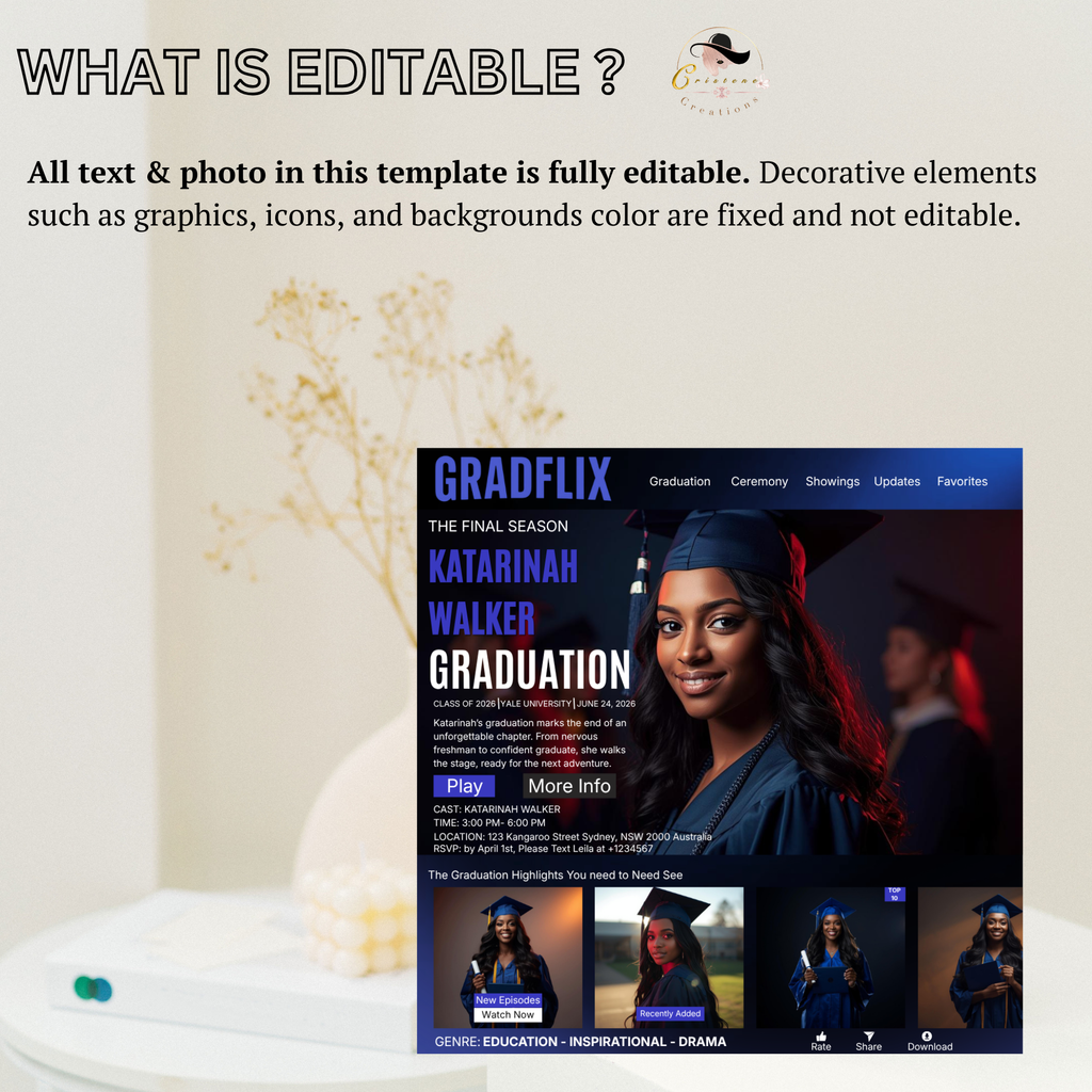 Movie Theme Graduation Invitation with Photo, Blue Streaming Style Grad Announcement Invite, Class of 2026 Flyer, Digital Printable Template