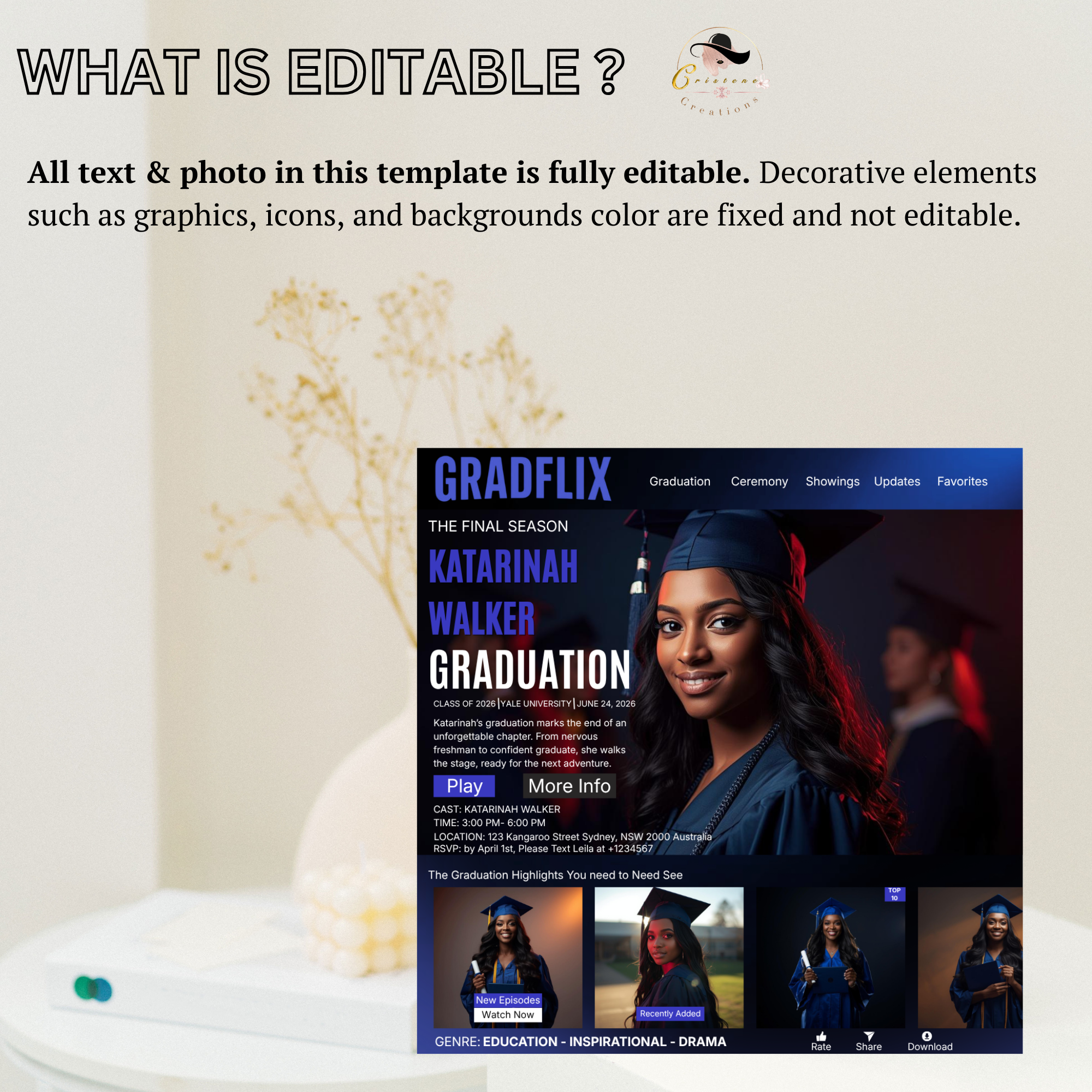 Movie Theme Graduation Invitation with Photo, Blue Streaming Style Grad Announcement Invite, Class of 2026 Flyer, Digital Printable Template