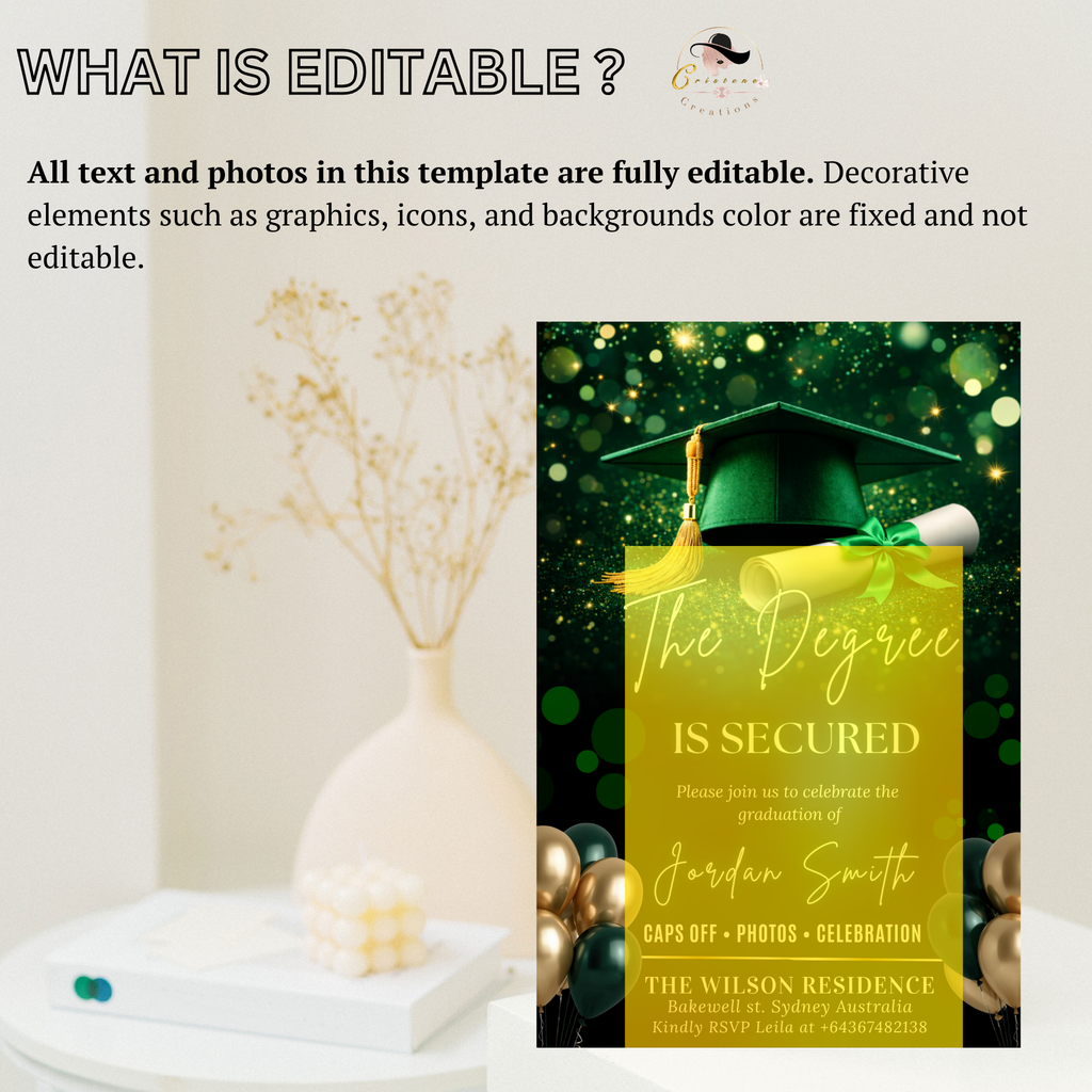 Green Graduation Announcement Invitation, Senior Grad Party invite, High School Class of 2026 Boy Girl Flyer Card Digital Printable Template
