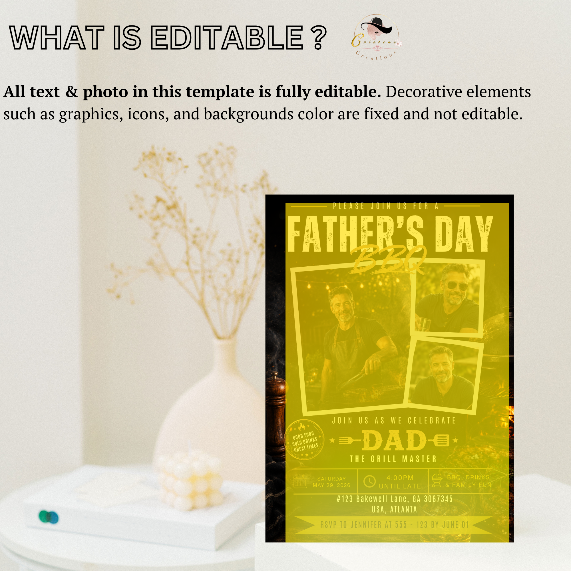 Father’s Day BBQ Party Invitation with photo, Dad Barbecue Cookout Invite, Grill Summer Invite, Black Gold Printable Editable Canva Template