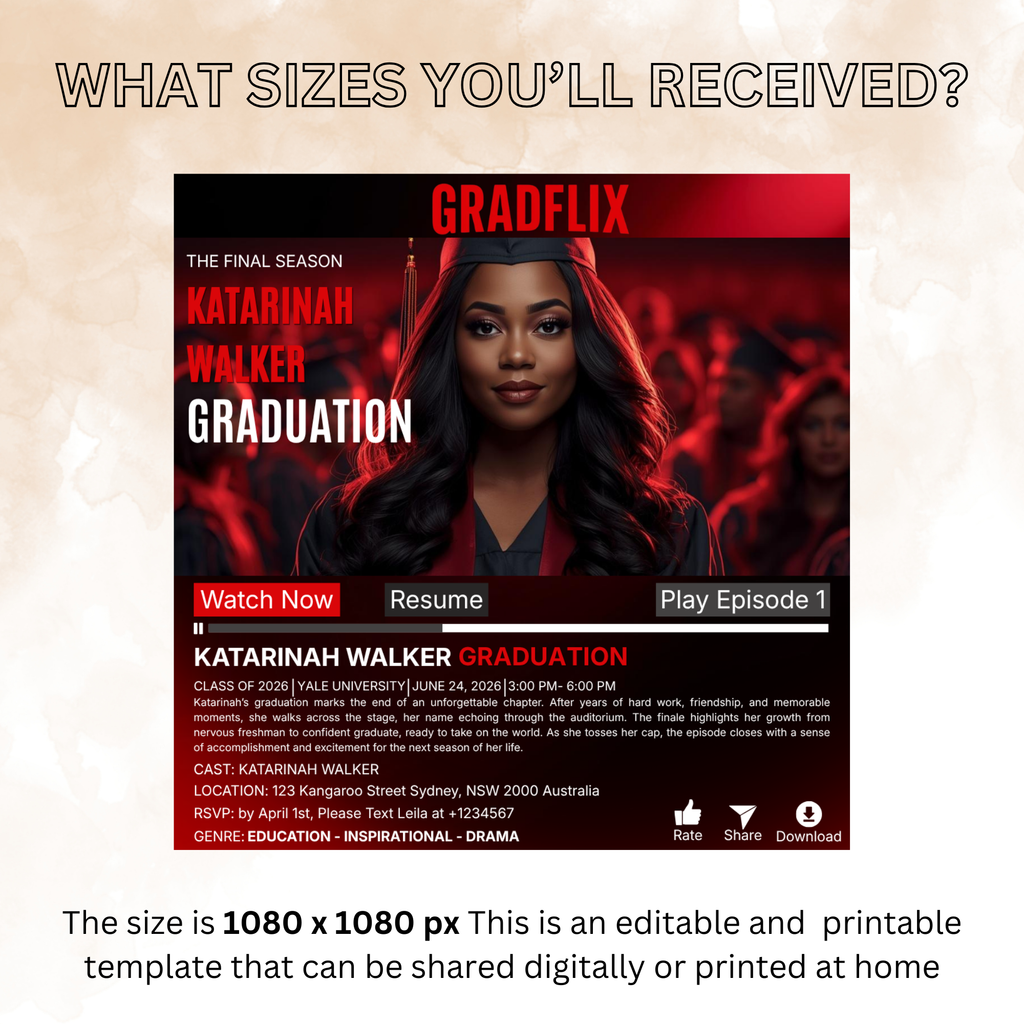 Red Movie Theme Graduation Invitation with Photo for Him and Her, Cinematic Grad Party Announcement Invite, Class of 2026 Canva Template