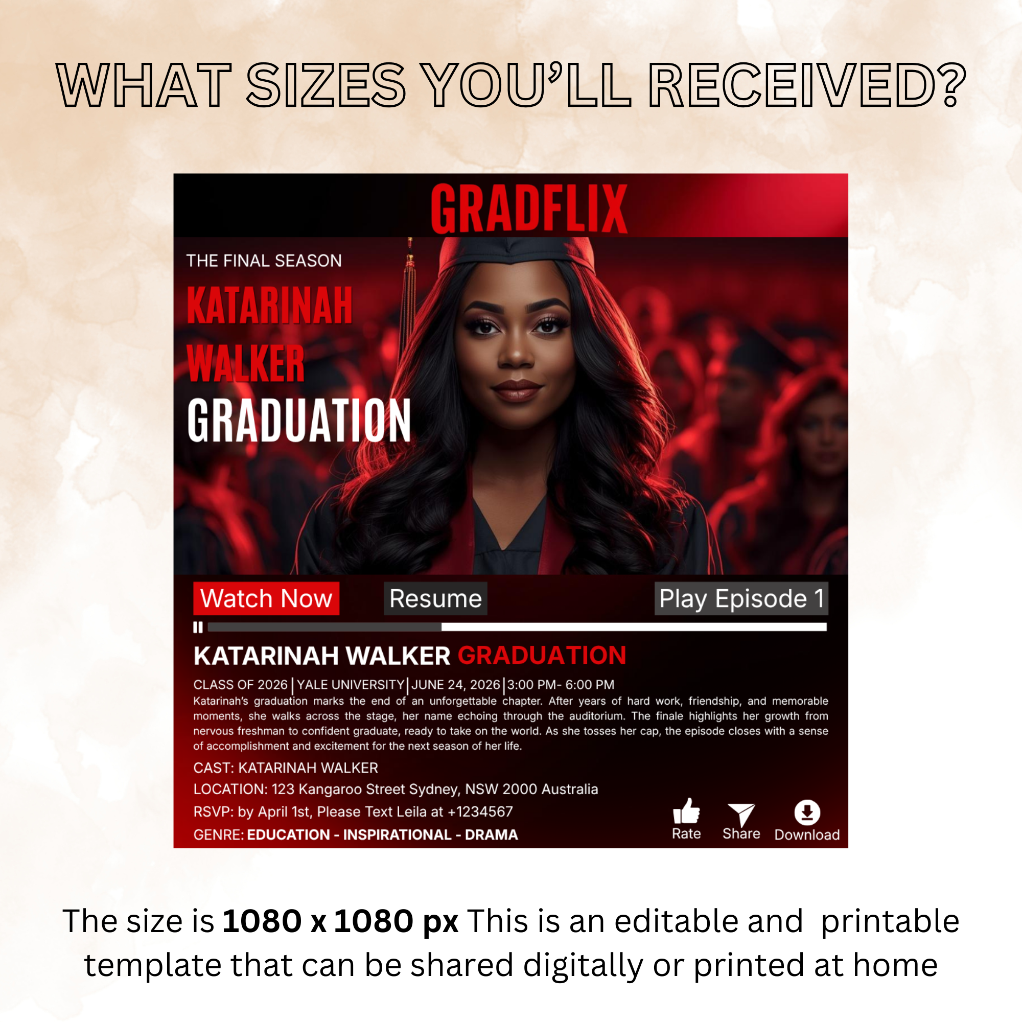 Red Movie Theme Graduation Invitation with Photo for Him and Her, Cinematic Grad Party Announcement Invite, Class of 2026 Canva Template