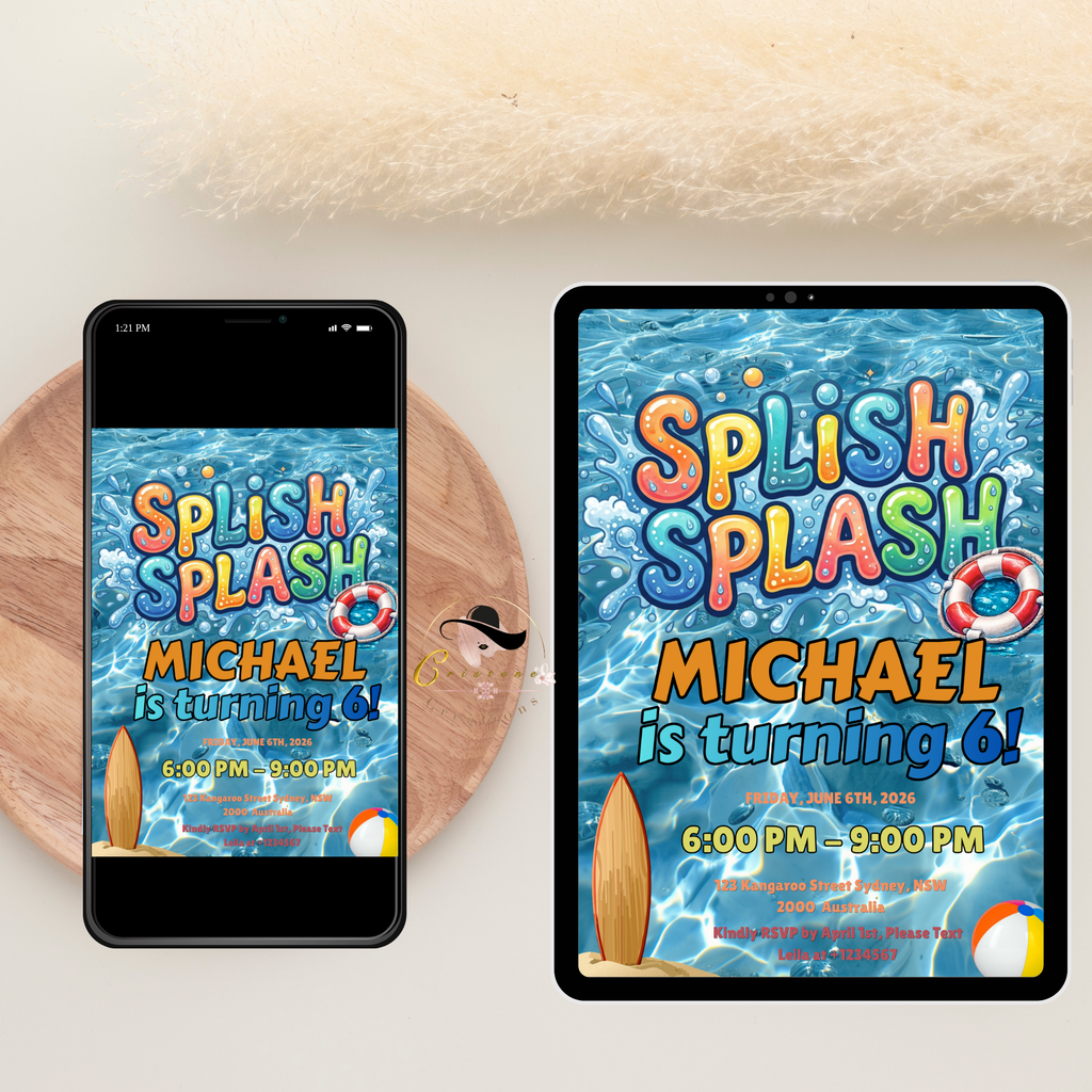 Pool Party Birthday Invitation for Boy, Kids Summer Beach Party Invite, Splish Splash Invite, Blue Printable Editable Digital Template