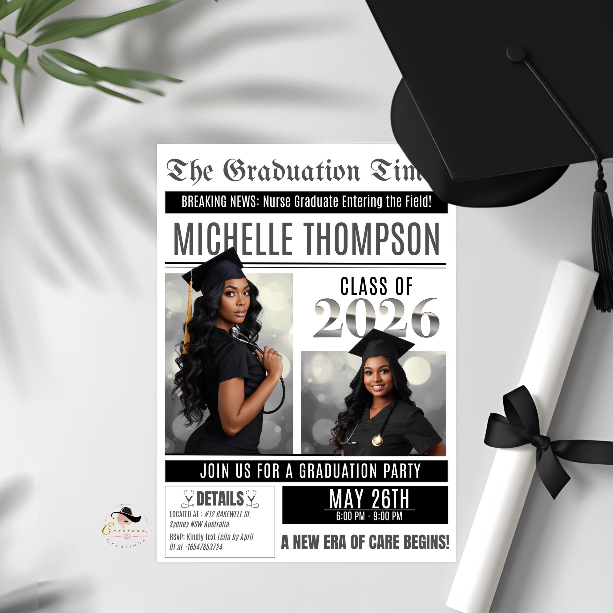 Newspaper Nurse Graduation Announcement Invitation, RN Pinning Ceremony with photo invite, LPN Nursing Graduates, 2026 BSN Flyer Template