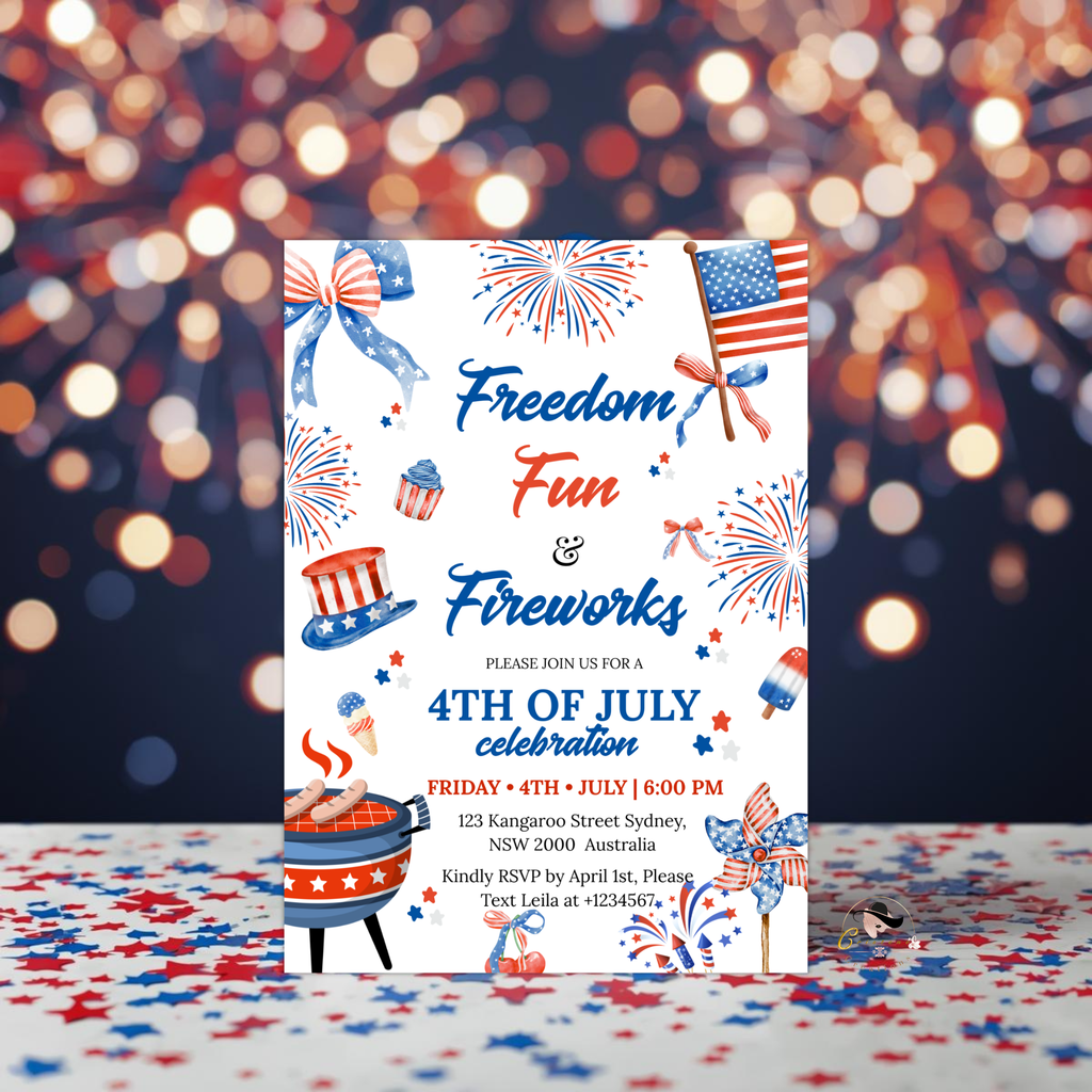 4th of July Invitation, Fourth of July BBQ invite, USA Independence day, Patriotic Invite, Red White Blue, Digital Printable template
