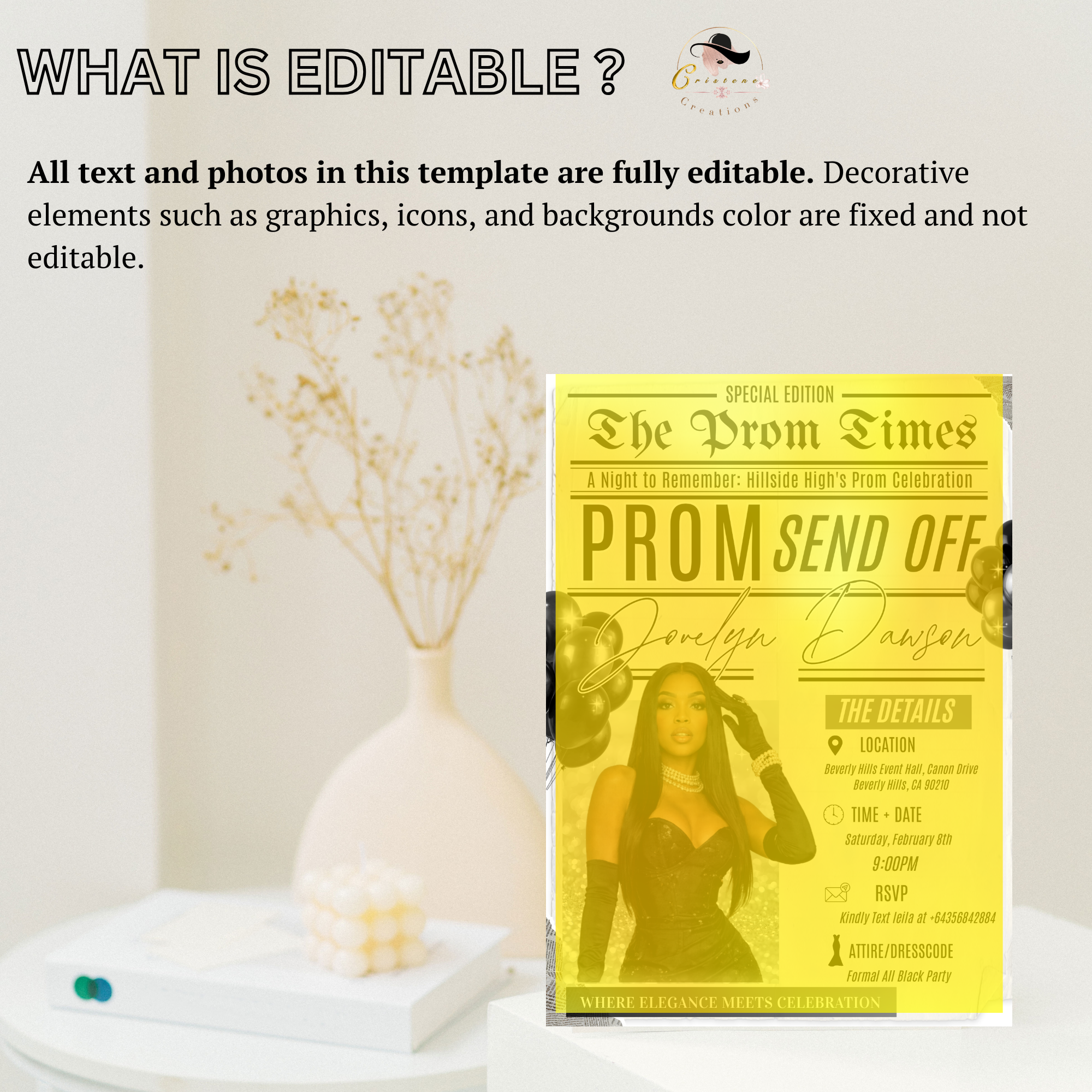 Newspaper Prom Send Off Party Invitation, Black Silver Prom Queen with photo invite, Girl Prom Night Flyer Card, Digital Printable Template