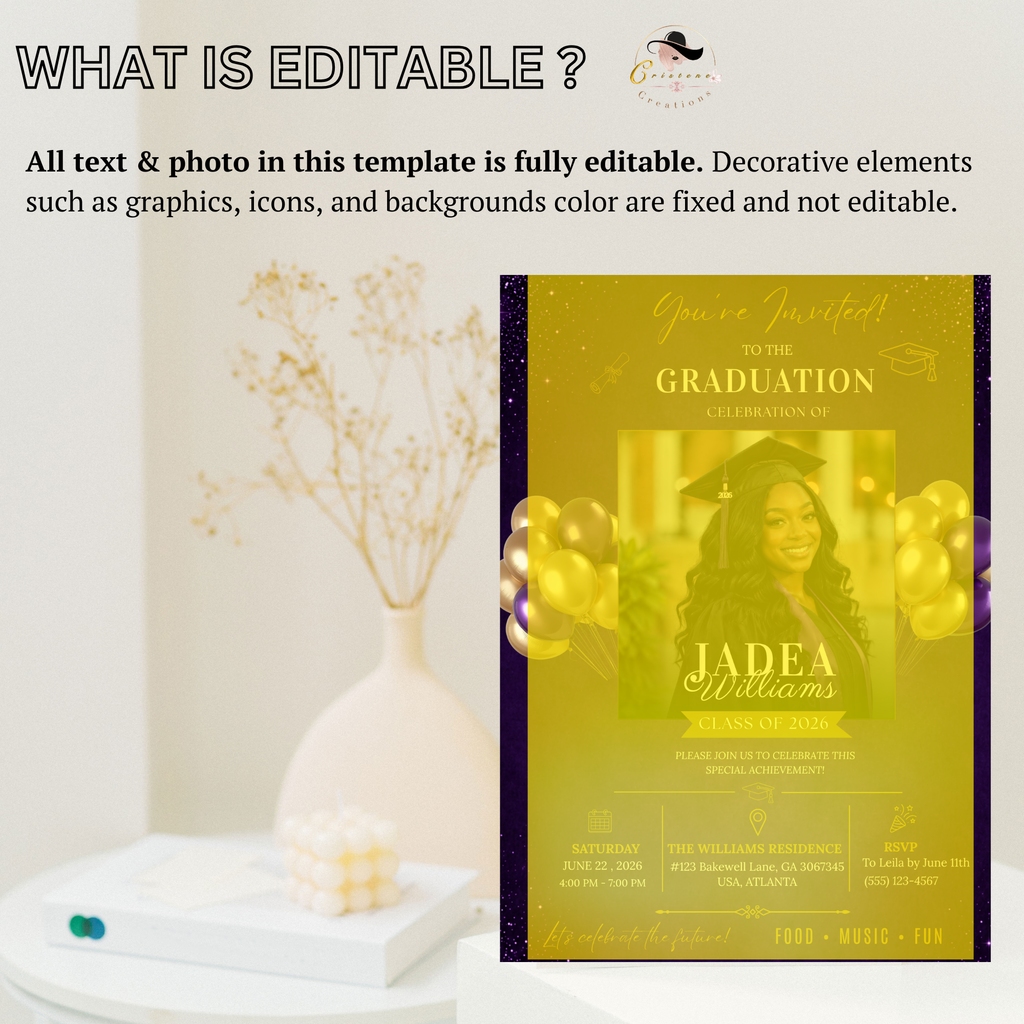 Purple Graduation Announcement Invitation with Photo, Class of 2026 Grad Party Invite for Him and Her High School College Editable Printable