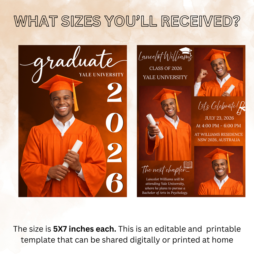 Orange Senior Graduation Invitation, Boy High School Grad with photo invite, Class of 2026, Graduates Flyer Card, Digital Printable Template